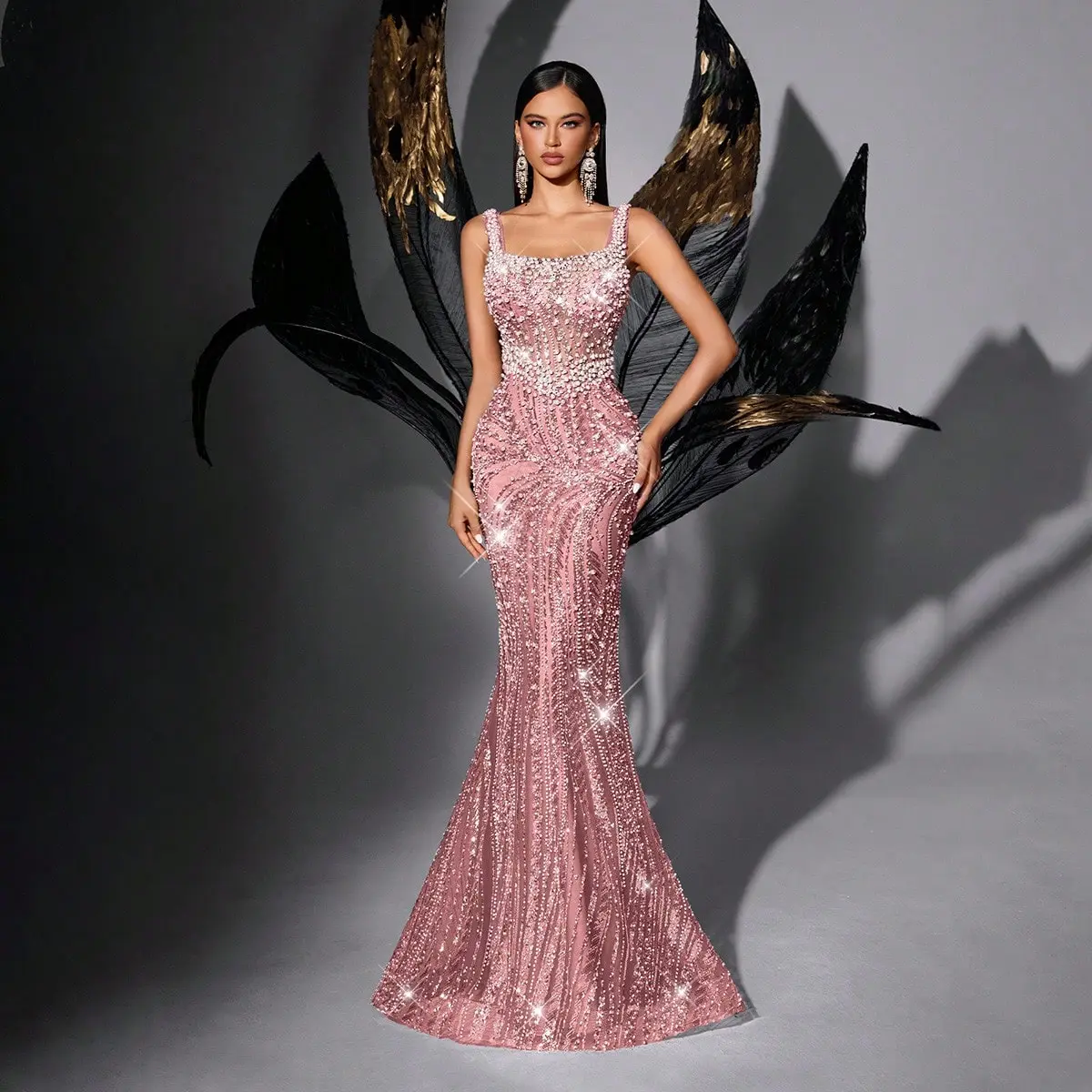 Women's Pink Square Neck Backless Beaded Rhinestone Fabric Mermaid Gown - Sleeveless, Bodycon, Floor-Length, Adjustable Waist Tightness, Elegant Formal Dress for Prom, Wedding Party, Summervibes