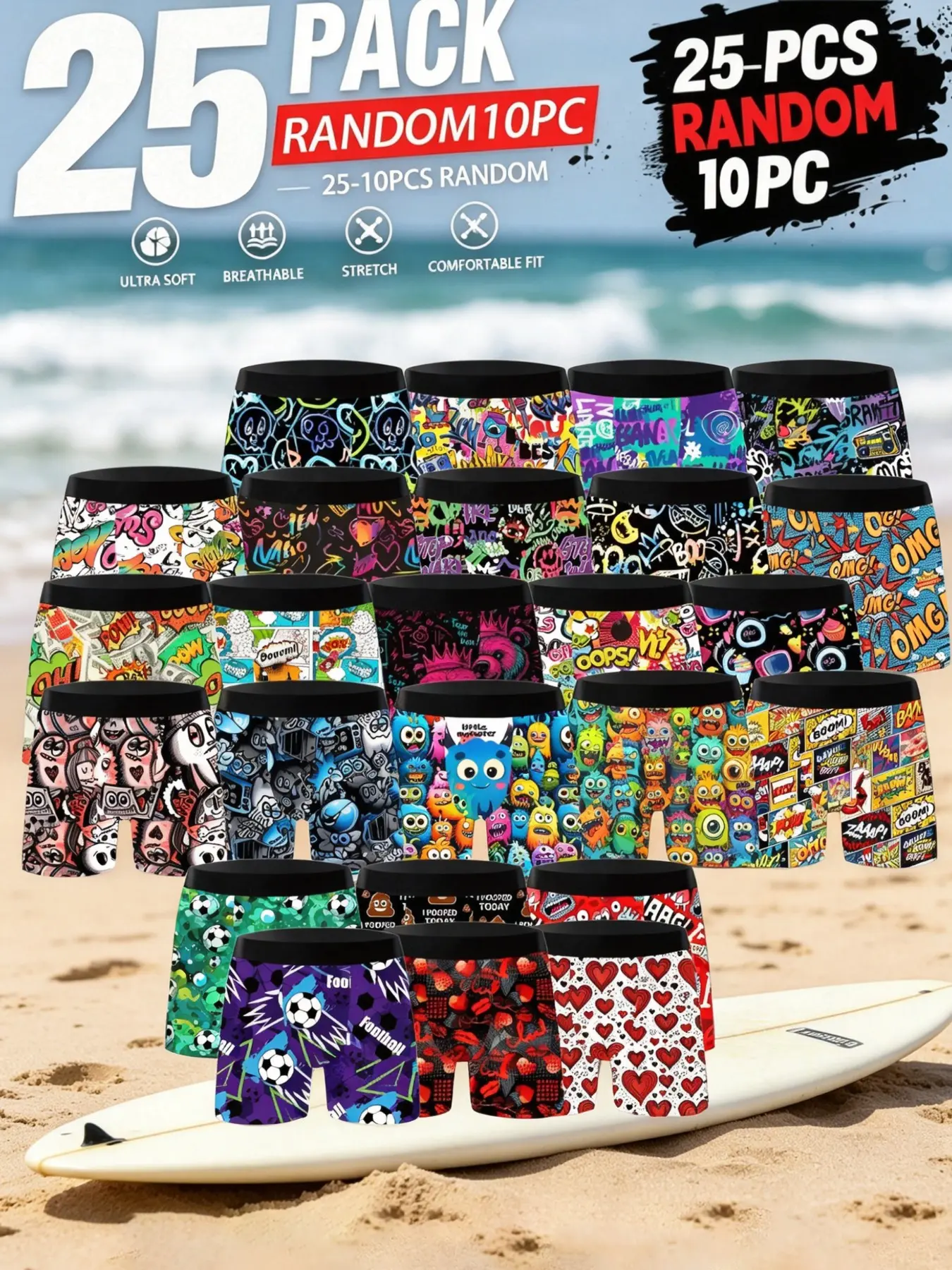 Men's 10-Pack Multicolor Graffiti Print Casual Fitted Briefs, High Elasticity Breathable Comfort, Sizes S-Xxl, Casual Underwear for All Seasons