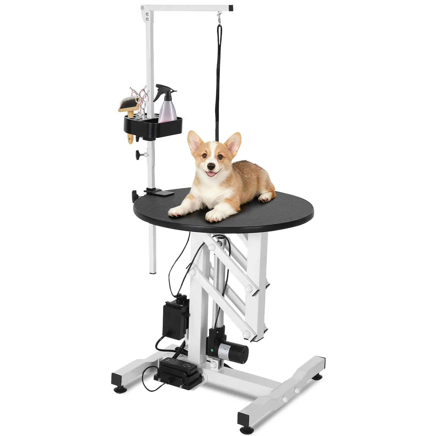 24" Electric Dog Grooming Table – 250lbs Capacity, Rotating Non-Slip Top & Foot Pedal – Overhead Arm, Tool Organizer, Adjustable Height