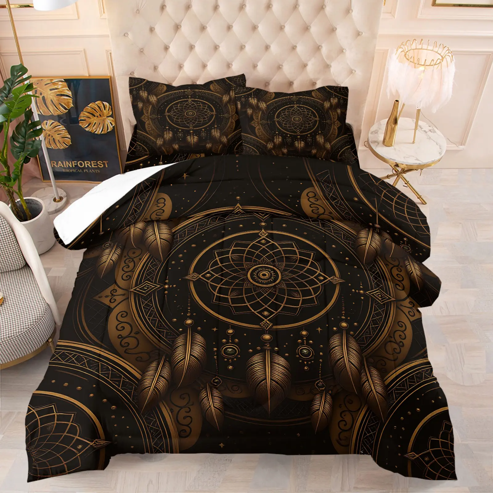 Black Gold Dreamcatcher Feather Sacred Geometry Comforter Set, 1 Comforter + 1-2 Pillowcases, Durable Soft Comfy Washable Bed Set, High Definition Digital Print, Mystic Four Seasons Boho Style, All Match Bedroom Bedding
