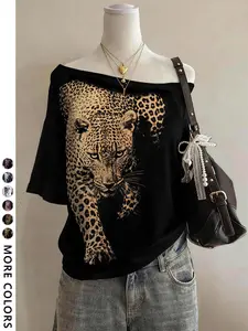 Women's Y2K Fashion Casual Loose Fit Short Sleeve Off-Shoulder T-Shirt, Leopard Print Design for Outing and Shopping
