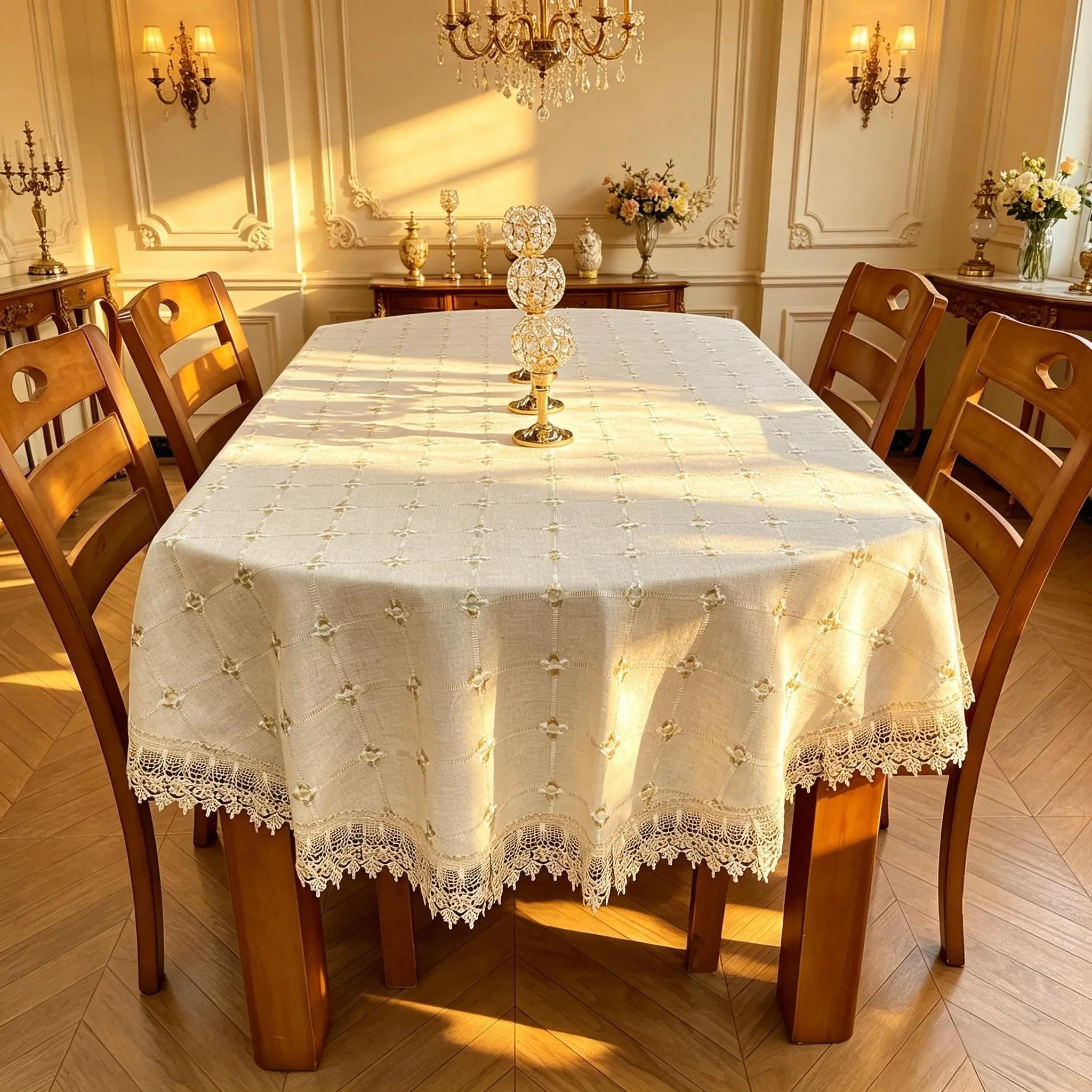 1pc Elegant European Country Style Tablecloth, Oval, Lace Trim, Durable, Easy Clean, Reusable, Heat Resistant, Non-Slip, Multiple Sizes Available, Washable Table Cover