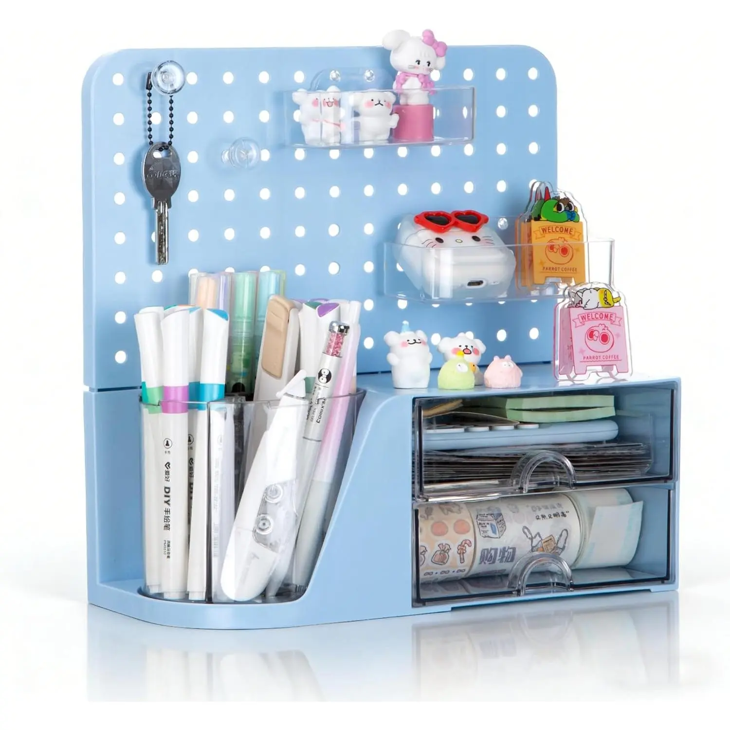 Blue 360° Rotating Desk Organizer - 2 Drawers, 5-Slot Pencil Holder, Pegboard for Office, School Art Supplies & Accessories, Rotates 360°