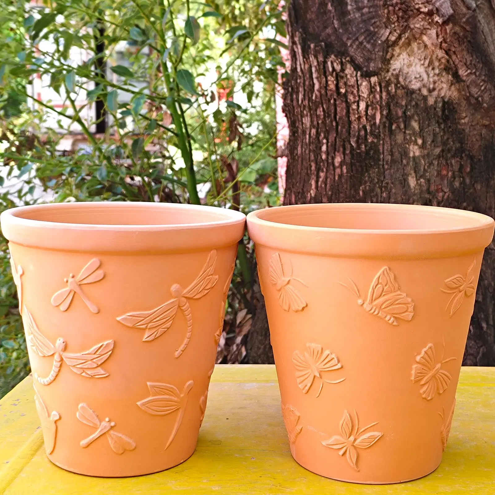 Handmade Terracotta Flower Pots 2 Pack: Butterfly Dragonfly Embossed Designs, Garden Planters, Breathable Planting Container, Breathable and Water-Absorbent Clay Planters for Indoor and Outdoor Plants