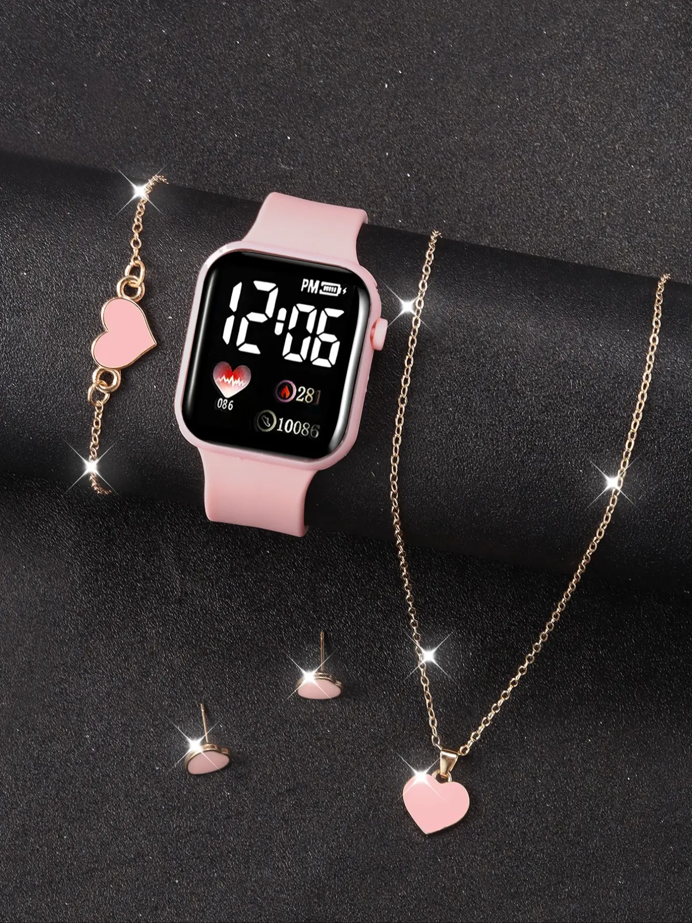 Valentine Heart Pattern LED Electronic Watch Set, Includes Bracelet Necklace Earrings, Perfect Gift for Couples, Christmas Graduation Back-To-School
