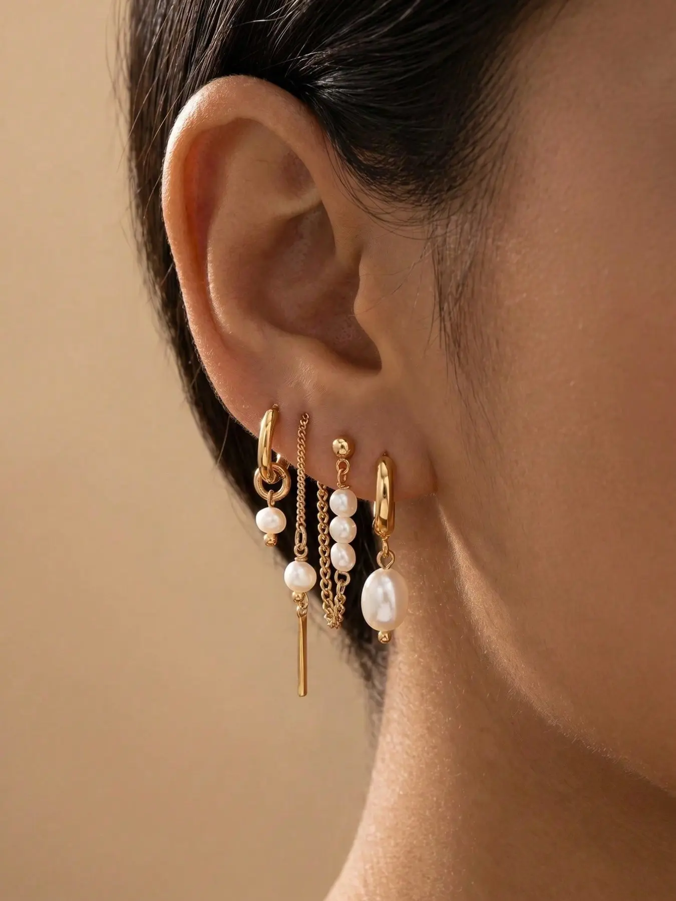 4pcs Fashion Brass Electroplated Kc Baroque Pearl Earrings, Elegant Jewelry for Women, Perfect for Daily Wear