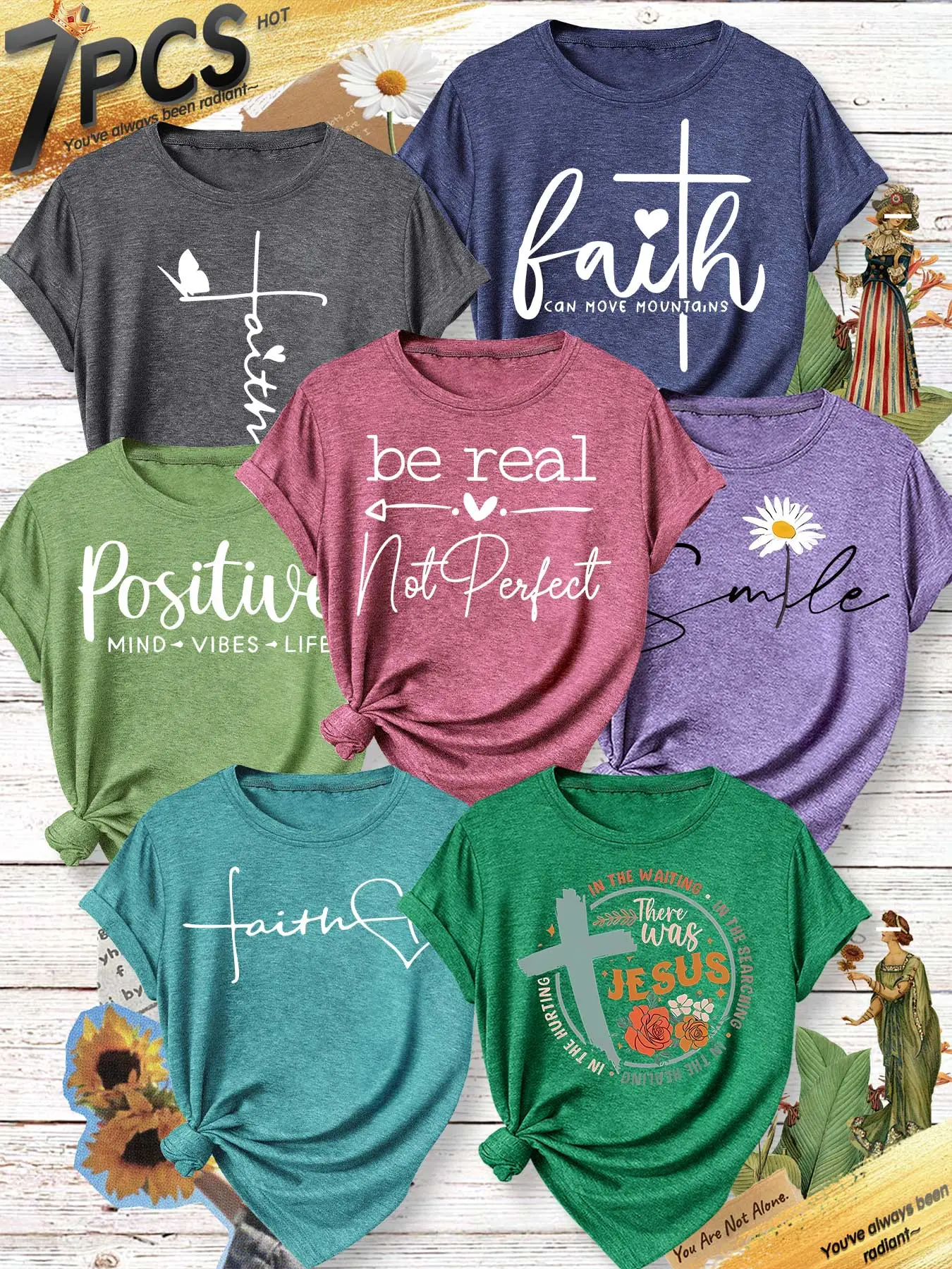 7PCS Women Casual Crew Neck Tee, Cross Faith Inspirational Daisy Print, multi-color, washable, soft spring summer top, Casual Tee Tops