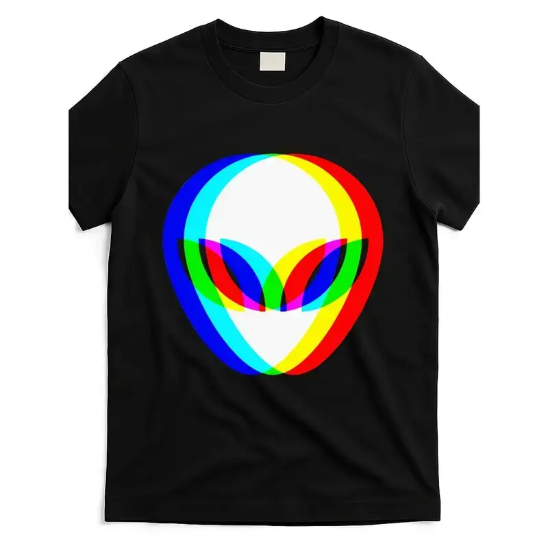 Menswear Oversized Relaxed-Fit Short-Sleeve Fabric T-Shirt - Breathable Casual Trippy Alien Head Graphic, Vaporwave EDM Rave Festival Fitted Sports Top