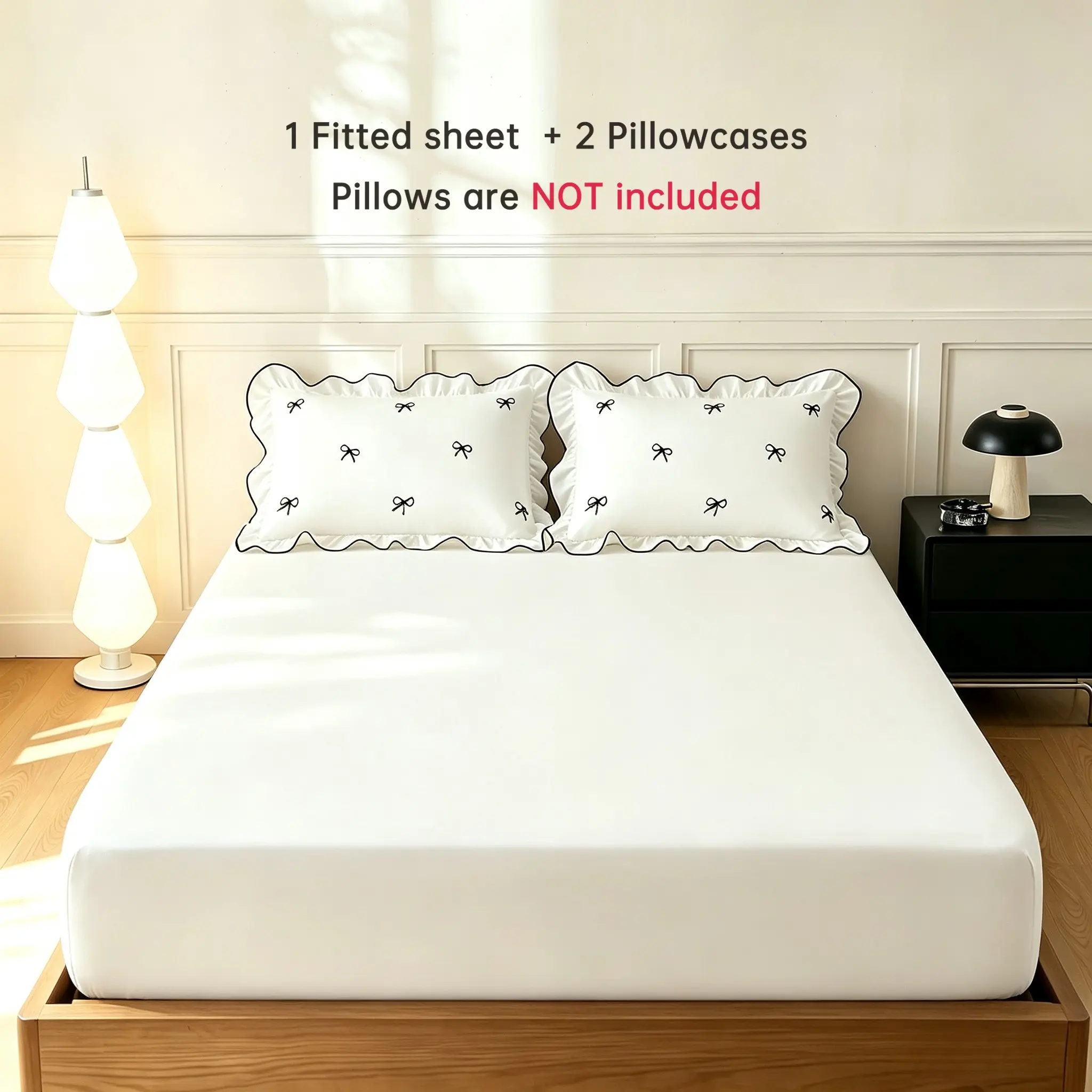 Coquette Bow Embroidery Ruffle Fitted Sheet Set, Deep Pocket Solid Bed Sheet with 2 Bow‑Print Ruffle Pillowcases, 5 Colors Multiple Sizes Aesthetic Girly Bedding Set Bedding Sheets