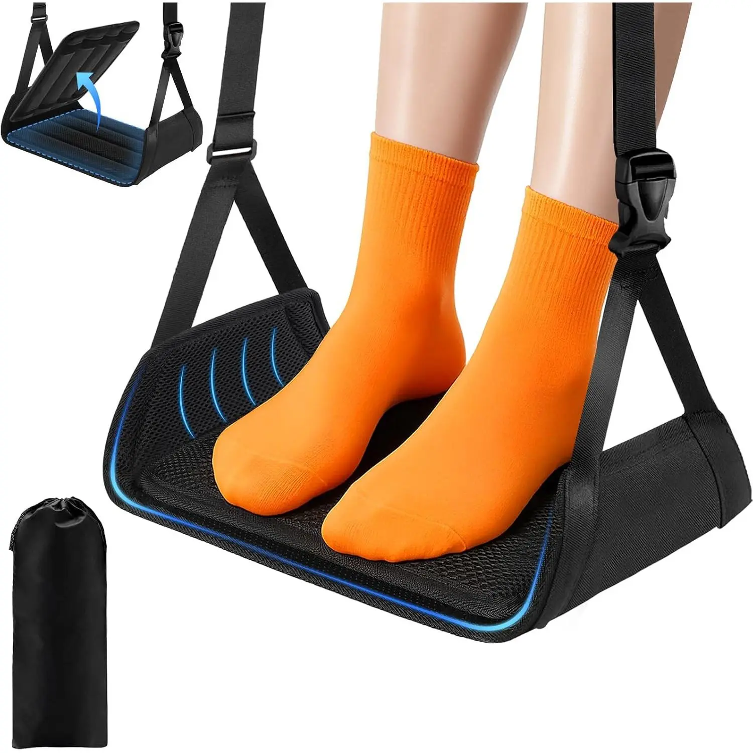 Airplane Foot Rest - Lightweight Foot Hammock for Plane Travel with Adjustable Strap & Thick Board, Tray Table Under Desk Footrest to Relax , Travel Essentials for Long Flights(Black)