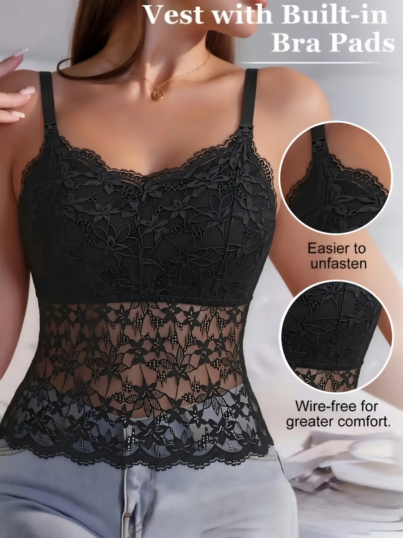 Breastfeeding Tank Top, Soft Stretch Fabric, Half Fixed Pads, Front Button Design, Easy Nursing, Elegant Style, All Seasons