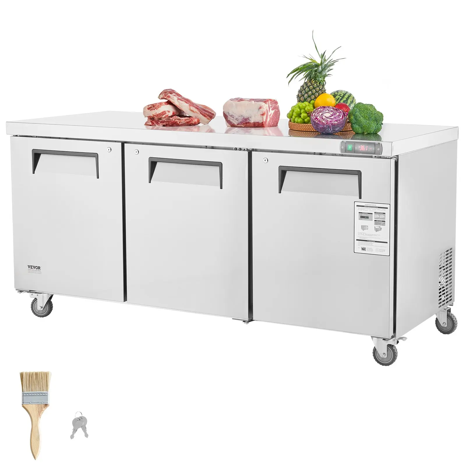 72" Commercial Refrigerator Sandwich Salad Prep Table, 20 Cu. Ft Stainless Steel Refrigerated Food Prep Station with 3 Doors, Frost Free Refrigerator with Lock for Restaurant, Bar, Store