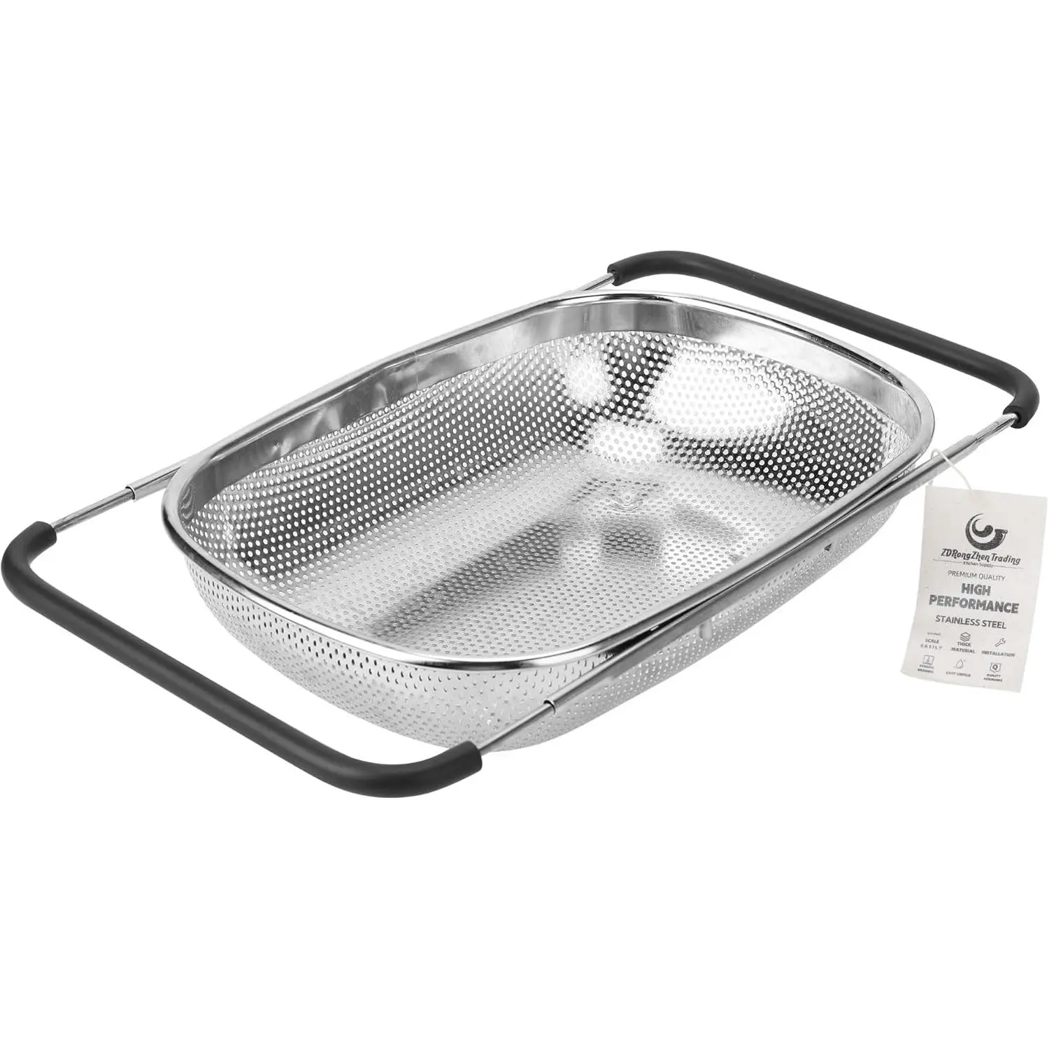 ZDRongZhen Thick Stainless Steel Over-the-Sink Colander Strainer Basket, 13.6x9.5x3.2" Oval Kitchen Colander with Expandable Grip for Rinsing Vegetables, Fruits & Draining Pasta (Large-Dense Round Hole)