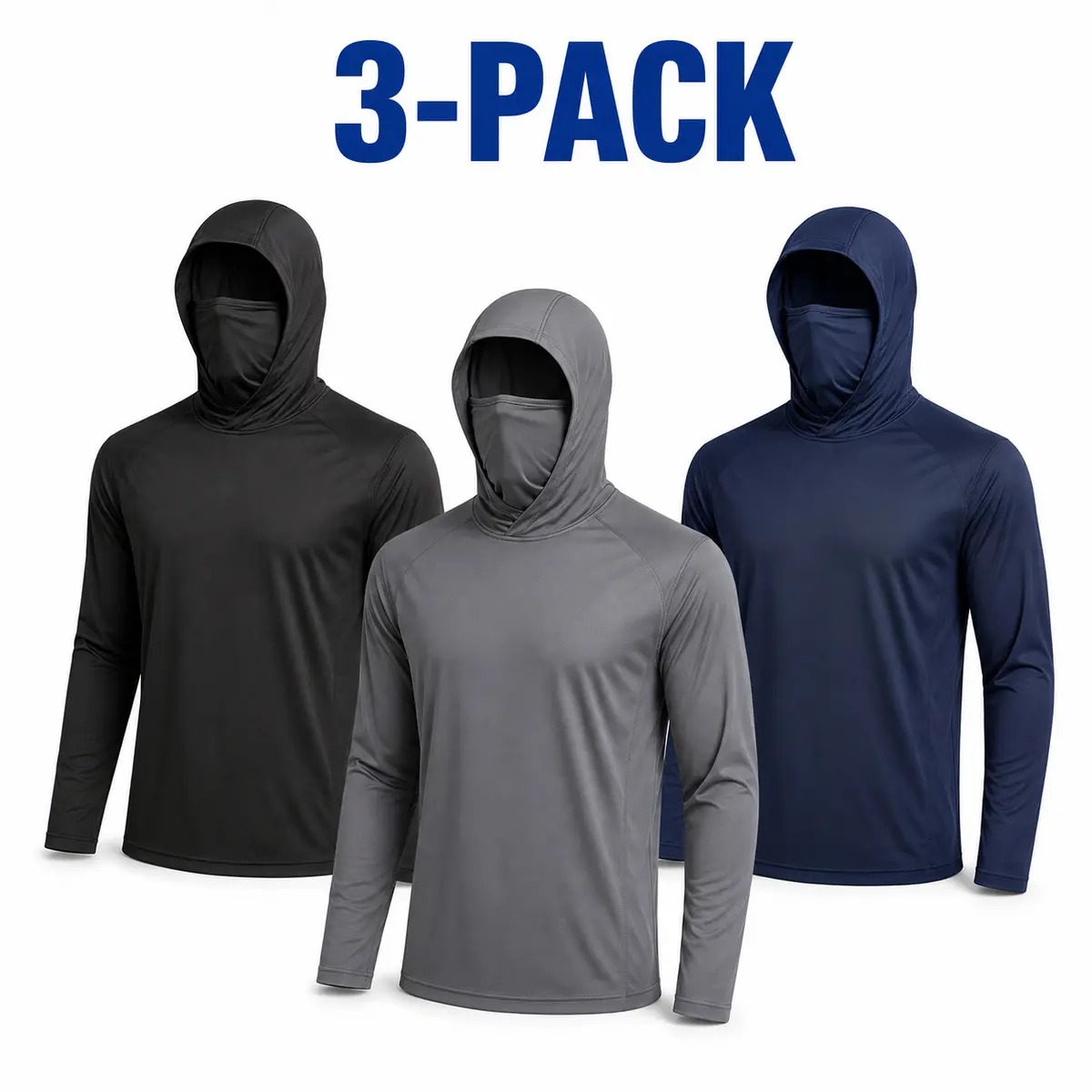 Men’s 3-Piece UPF 50+ UV Protection Hooded Rash Guard Shirts, Quick-Dry Moisture-Wicking Long-Sleeve Tops with Integrated Face Cover, Lightweight 4-Way Stretch Sun Shirts for Fishing, Hiking, Outdoor Work, 3-Pieces