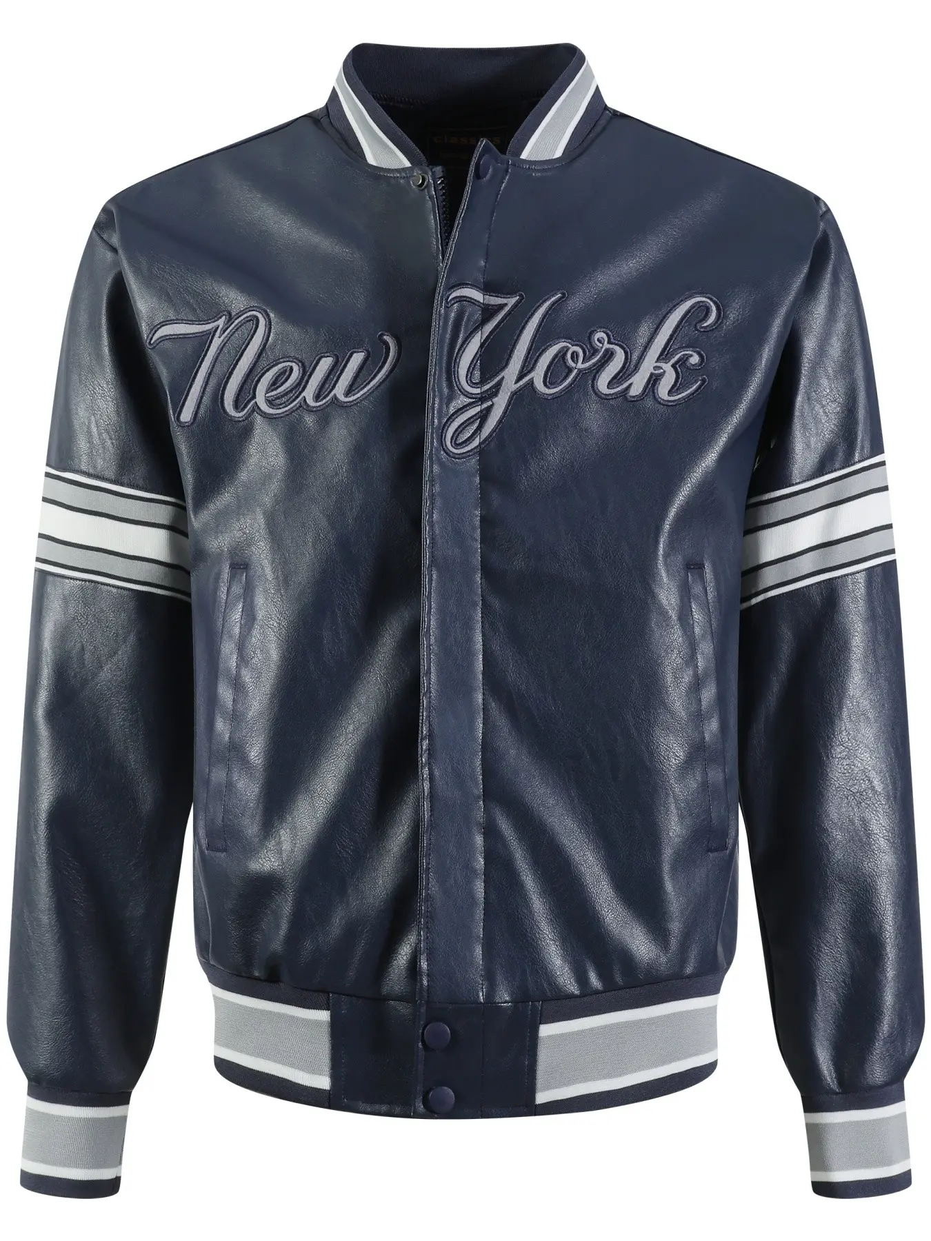 New Deep Blue Men's Baseball Team Jacket, Casual Fashion Embroidered Zip PU Coat, Long Sleeve Street Style Hoodie for Fall & Winter, Casual Jackets