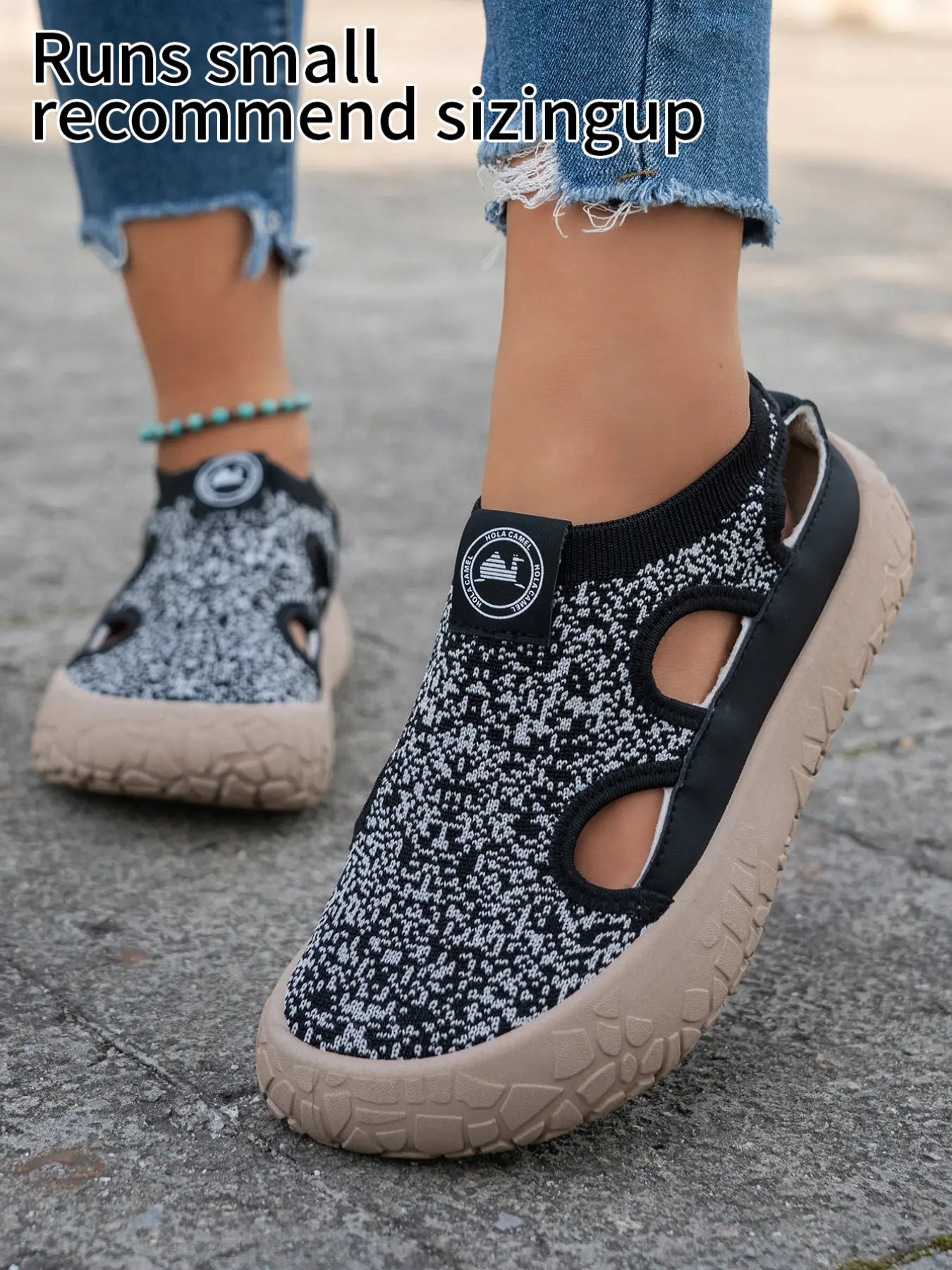 Women Speckled Knit Closed Toe Platform Elevated Sandals, Hollow Cutout Slip On Back Strap Casual Shoes, Fashion Trendy Daily Outdoor Travel Walking Street Style Footwear for Ladies