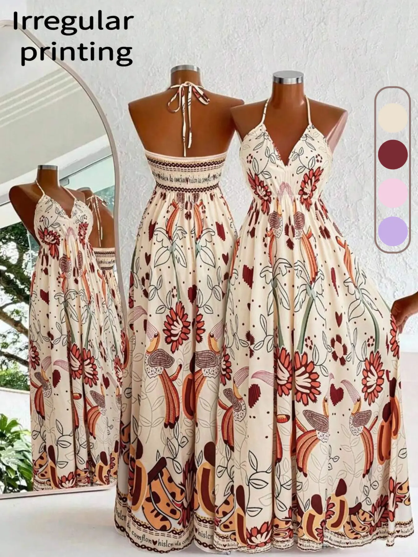 Women's Vacation Four-Season Chic Bohemian Floral Print Sleeveless Backless Drawstring Dress, Elegant Summer Party, Comfortable Daily Wear