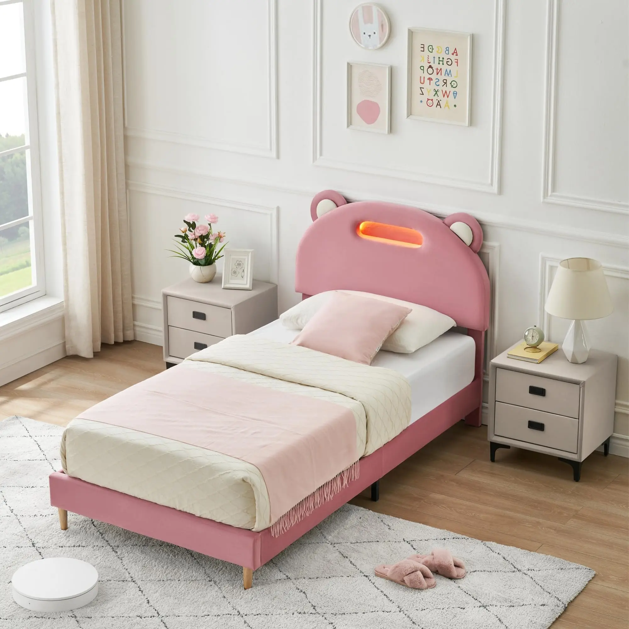 Dreamy Twin Bed with LED Panda Headboard, Upholstered Platform, No Box Spring, Sturdy & Silent, Easy Assembly, Pink/White