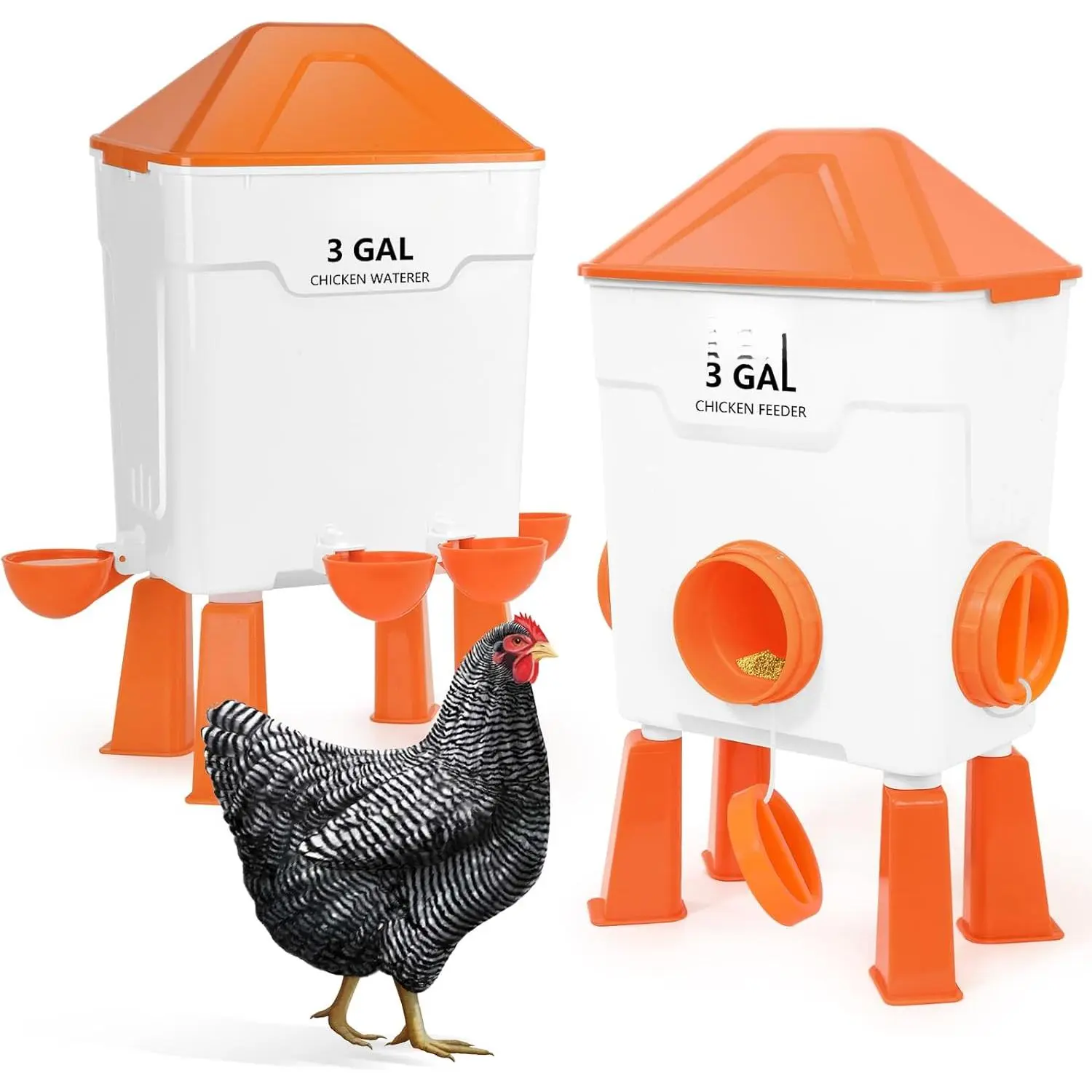 Chicken Feeder and Waterer Set 3 Gallon, Automatic No-Waste Feeder, Large Poultry Waterer with 2.75'' Cups, Standing or Hanging Use, Feed Chickens & Ducks