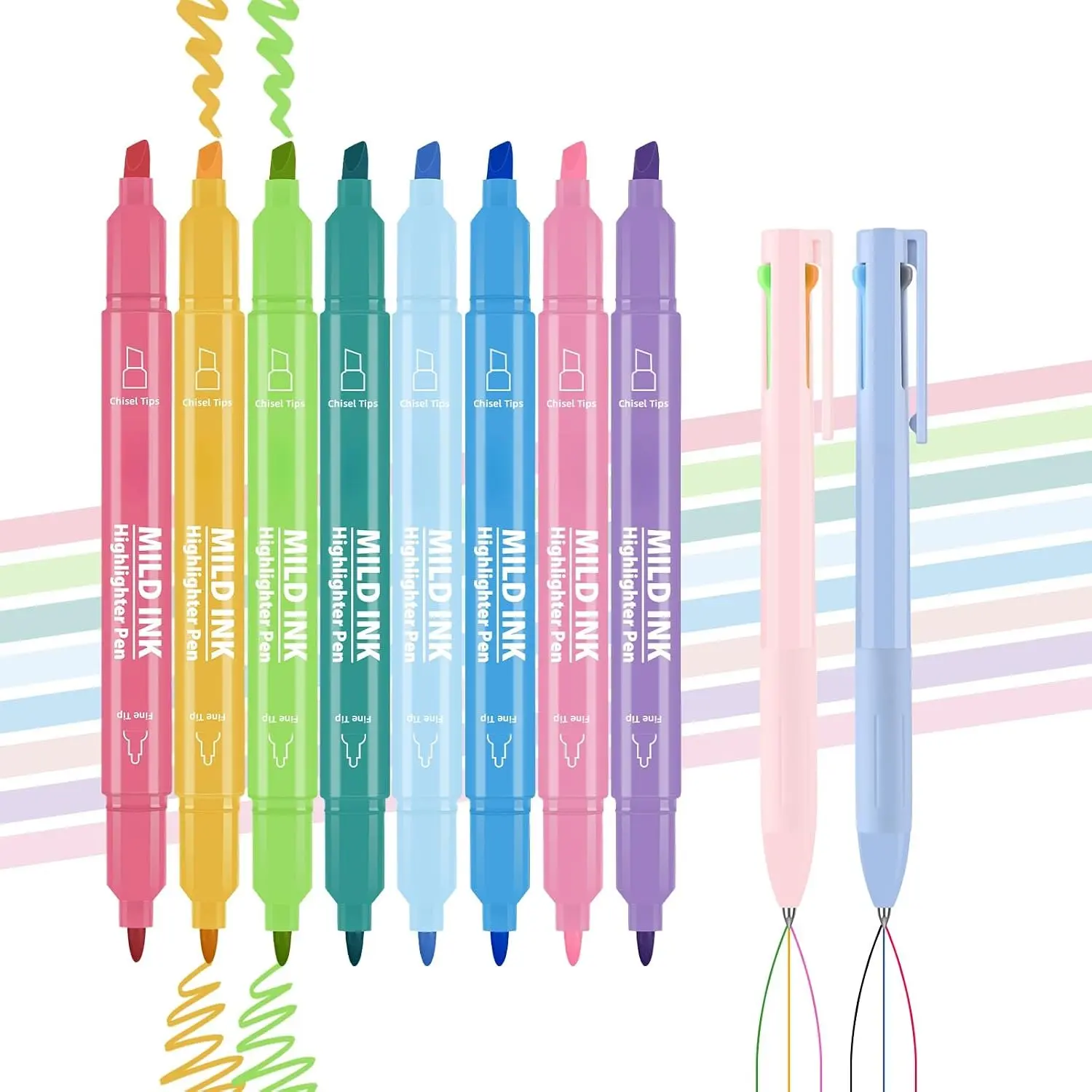 10 count Aesthetic Highlighters and Gel Pens Set - 8 Colors  Tip Pastel Highlighters (Chisel & Fine Tips) & 2 count 3-in-1 Multicolor Gel Pens for Journaling, School Supplies, Textbooks