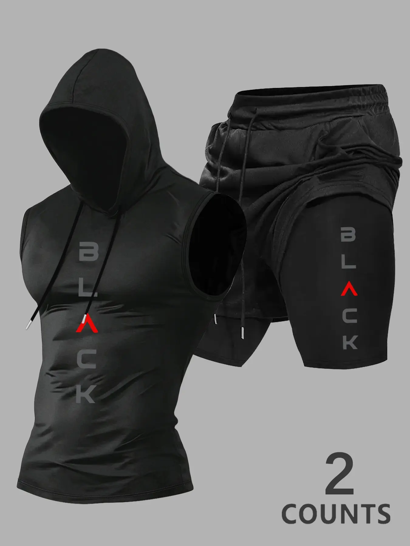 Summer Men's Set, Letter Pattern Hooded Sleeveless Vest + Casual Waist Drawstring Shorts, Outdoor Sports Wear, Daily & Fitness Clothing