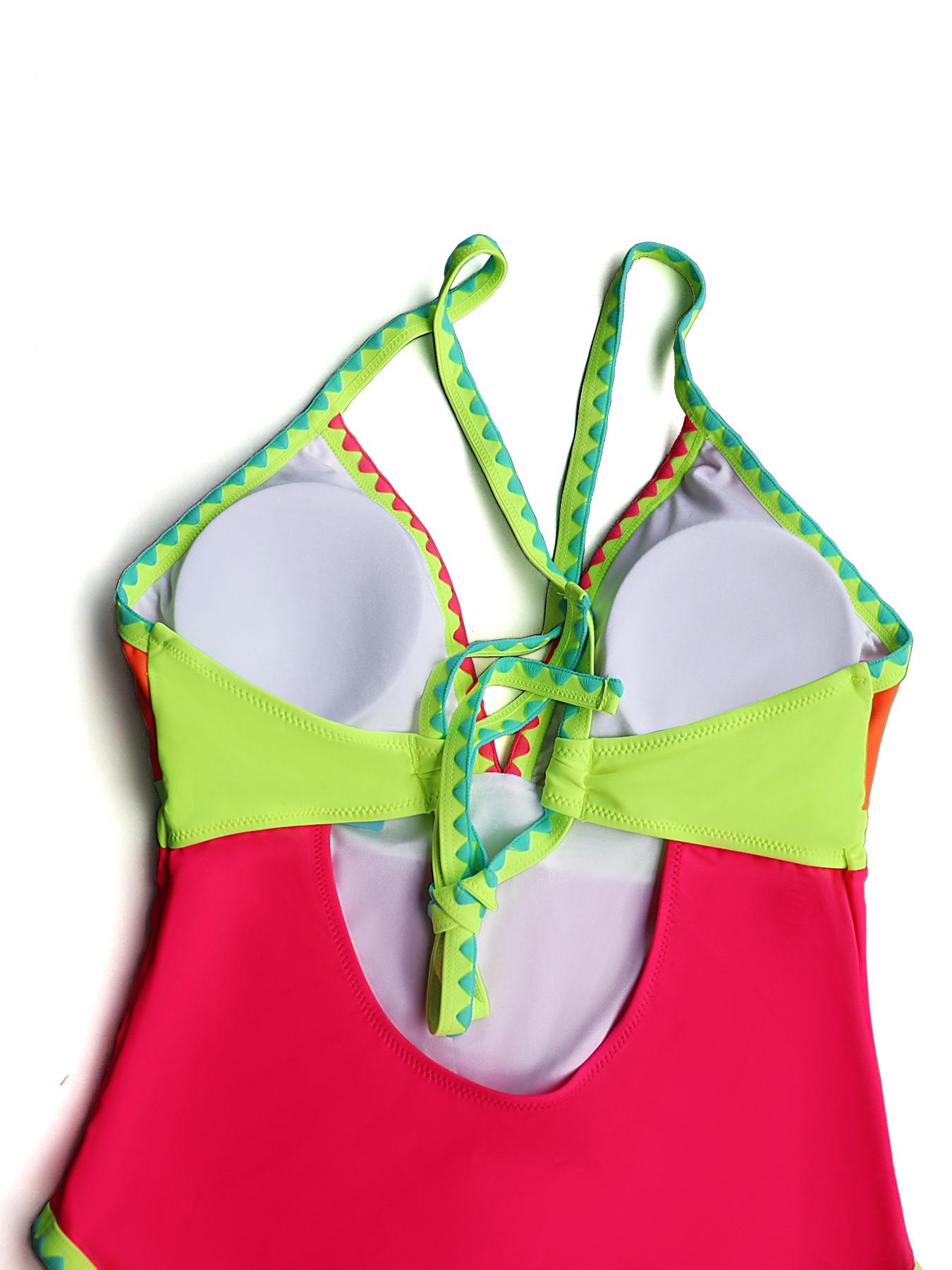 Women's Patchwork Criss Cross Cut Out One-piece Swimsuit, Casual Backless Sleeveless Tie Back Swimwear for Beach Holiday, Ladies Summer Clothes
