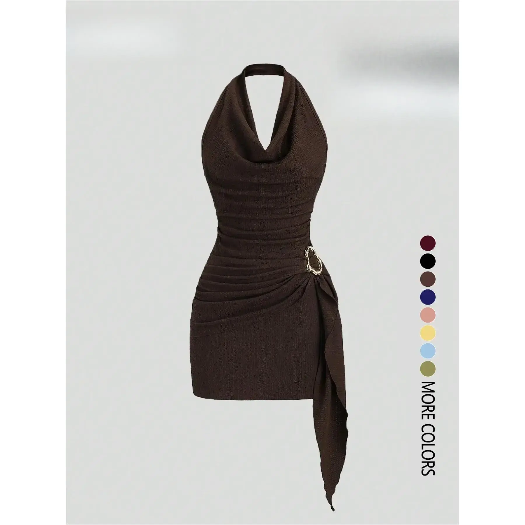 Solid Color Halter Neck Sleeveless Backless Slim Fit Ruched Dress, Business Dress, Chic Minimalist Casual Office Wear for Women, Elegant & Comfortable for Daily Use