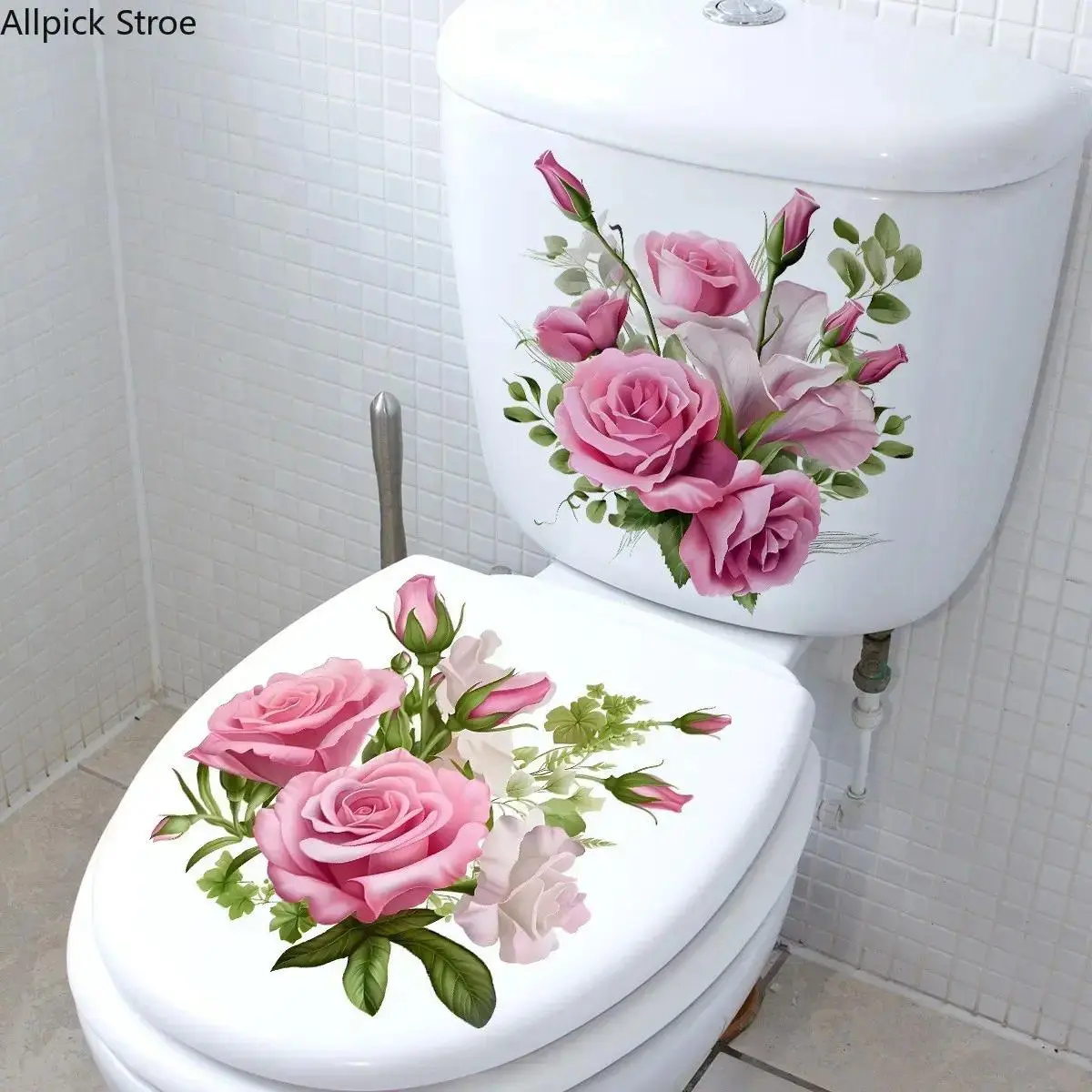 Rose Floral Toilet Lid Stickers, 2-Piece Decorative PVC Cover Set for Bathroom, Waterproof, Reusable, and Self-Adhesive, Toilet Covers, 2 Pieces, Complete Set, No