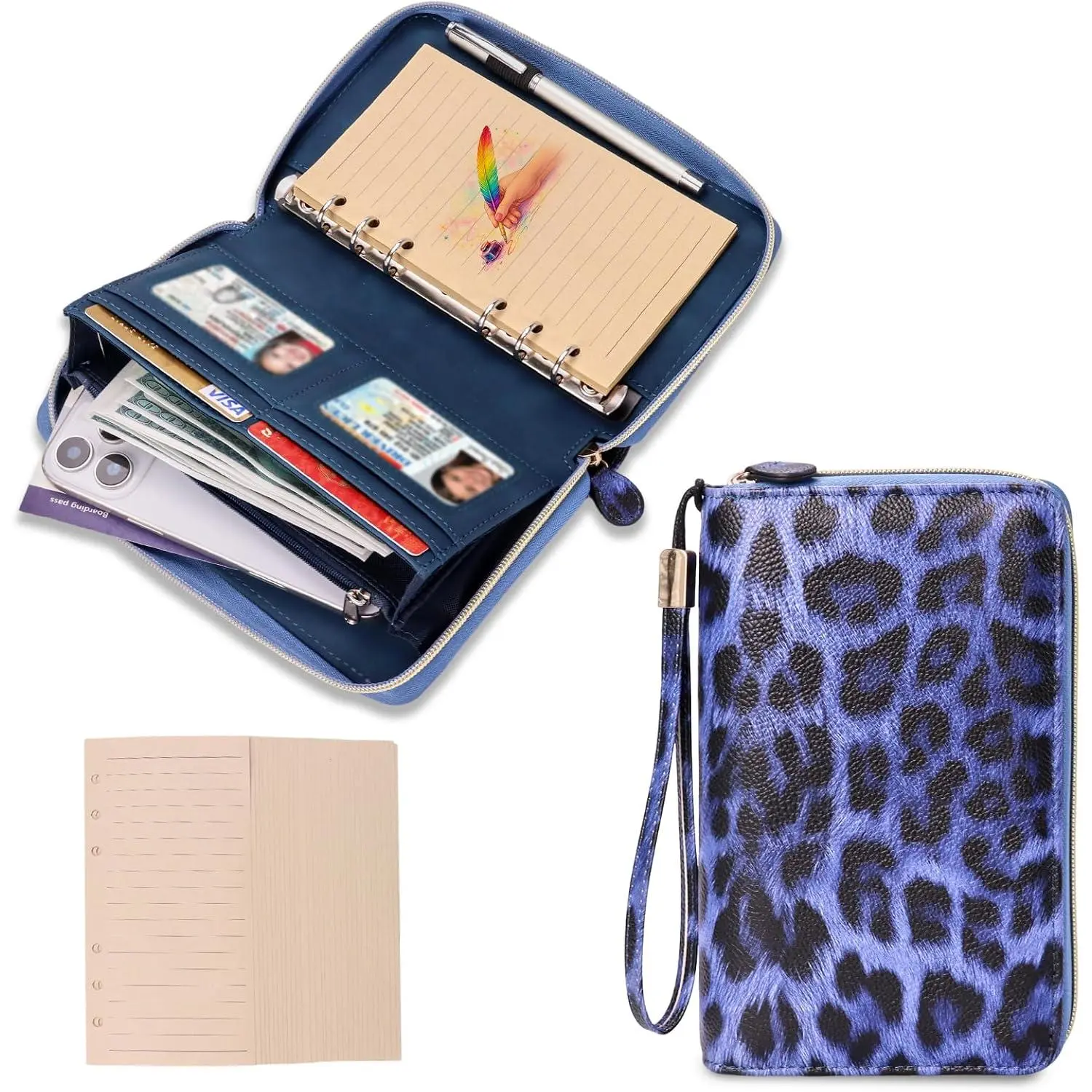 A6 Binder Zipper Budget, Planner for Travel & Study | Faux leather A6 organizer with zipper,  pouches, lined pages, card slots and pen holder for budgeting.