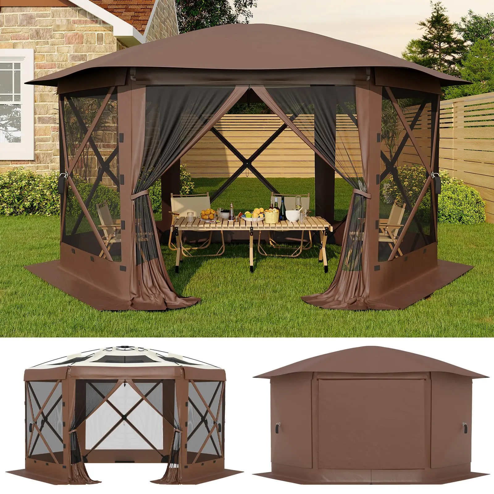 6-Sides Portable Hexagon All Weather Foldable Ventilated Canopy Tent (13x13FT/11.7x11.7FT) with Metal Frame, Large Space, Mesh Sides, Removable Wind Panels, Privacy Screen, Bug Shield, Ground Stakes, 1-Push Easy Setup for Patio, Backyard, All Weather Cano