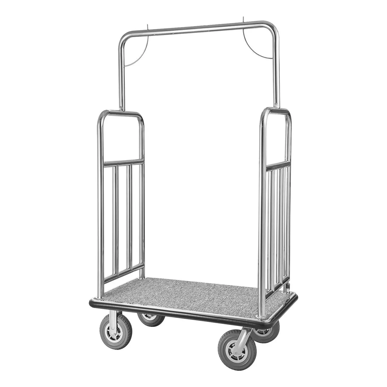 Hotel Luggage Cart with 1200 Lbs Capacity in Brushed Stainless Steel Finish for Heavy Duty Hotel Use; 4-Wheel Bellman's Cart, Cargo Transport Trolley for Hotels, Airports, Couriers, and Large Luggage Handling at Front Desks