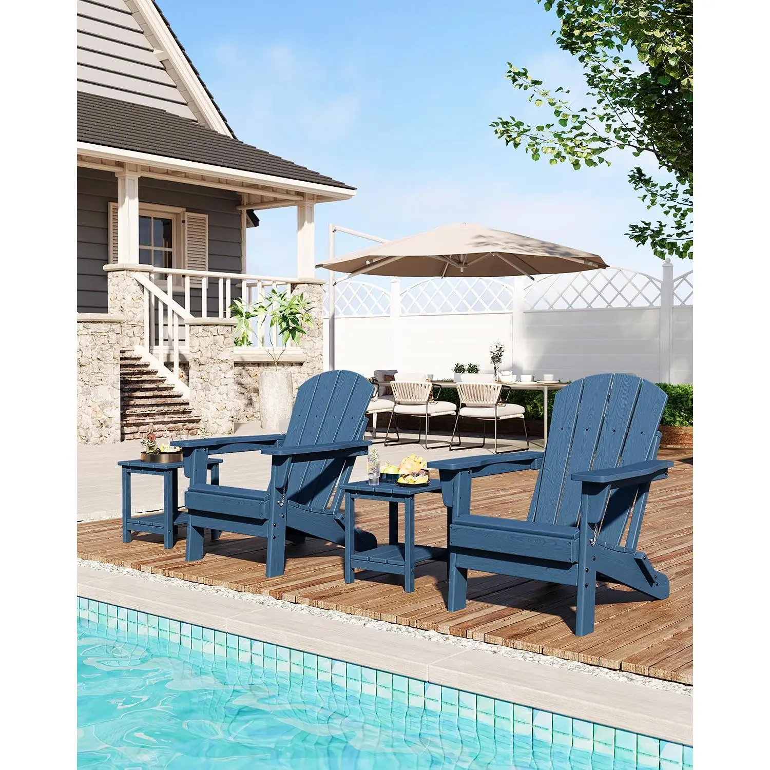 All-Weather Folding Adirondack Chair with hup holder Set of 2 with Side Table – HDPE Plastic, Wooden Texture, Cup Holder, Rainproof, Water-Resistant, Sturdy, Easy Assembly, Perfect for Patio, Lawn & Garden, Navy Blue