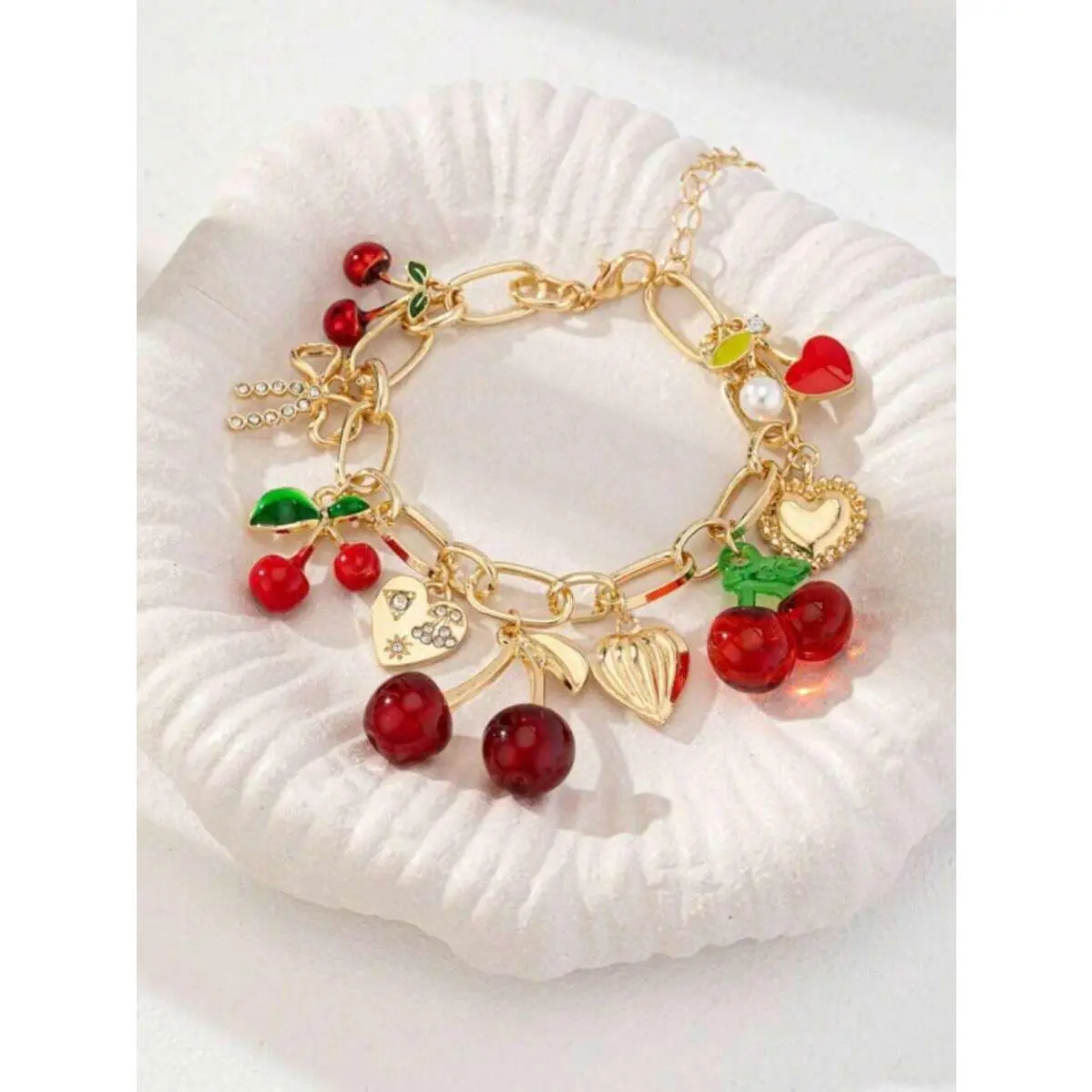 Personalized Mori-Style Alloy Multicolor Dopamine Cherry Heart Fruit Charm Bracelet - Colorful Unisex Bangle, No Precious Metal Plated, Cute Stackable Party Accessory for 14-16y Festive Gift, Bracelet With Charms, Colorful Bracelets