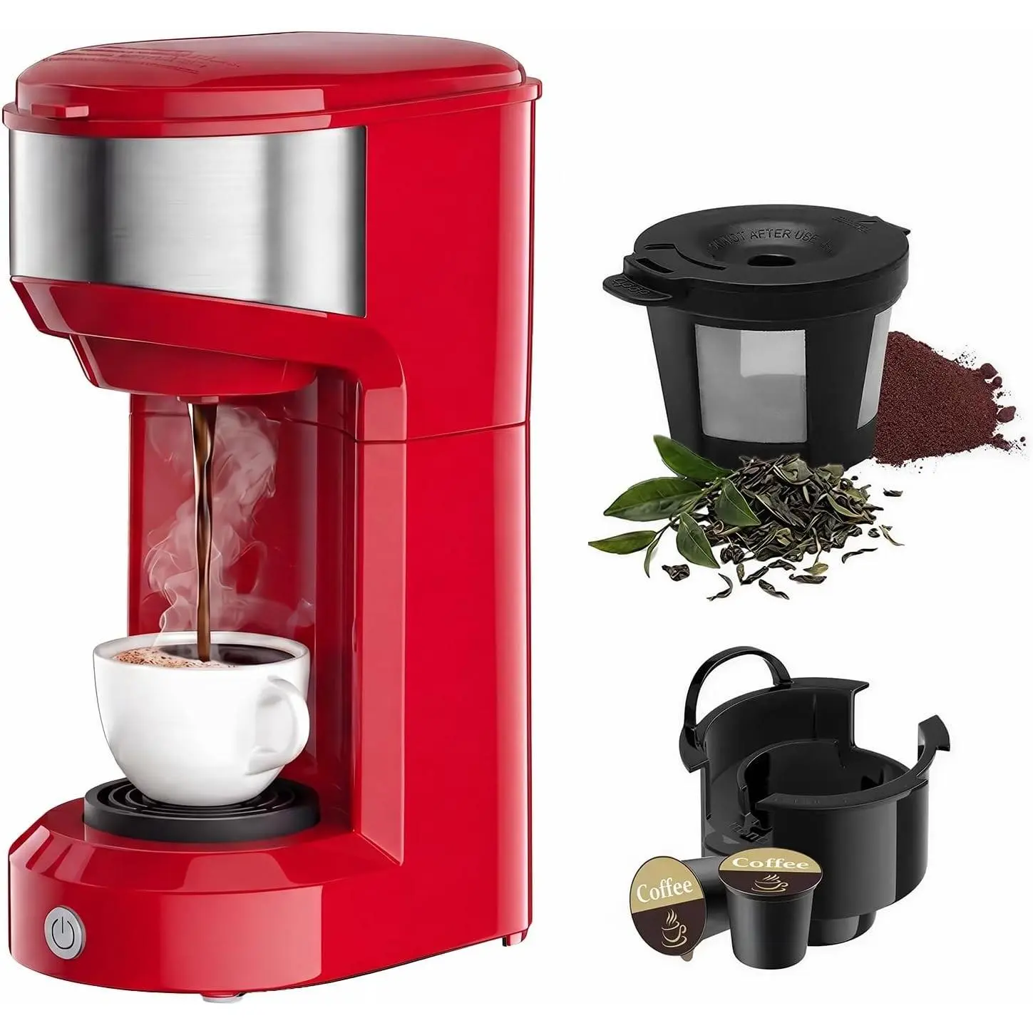 Single Serve Coffee Maker, 2 in 1 Brewer for K Pod & Ground Coffee, 90s Rapid Brew 6 to 14oz Capacities with Auto Shut Off, Small Compact Design for Home Office Travel Camping (Red)