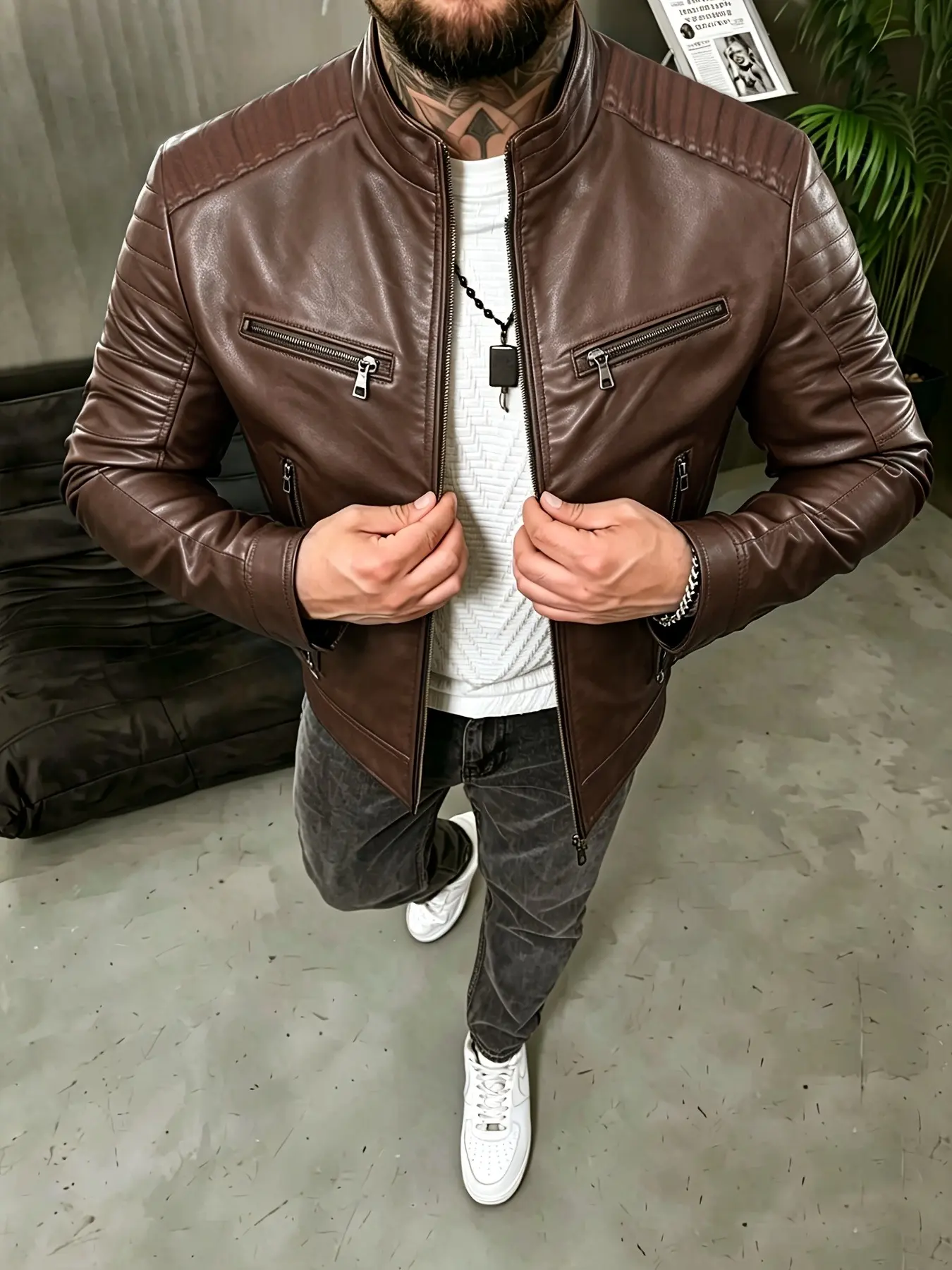 Men's Solid‑Color Stand‑Collar PU Leather Biker Jacket with Zipper Decorations for Autumn and Winter, Slim‑Fit Casual Punk Open‑Front Leather Coat for Men