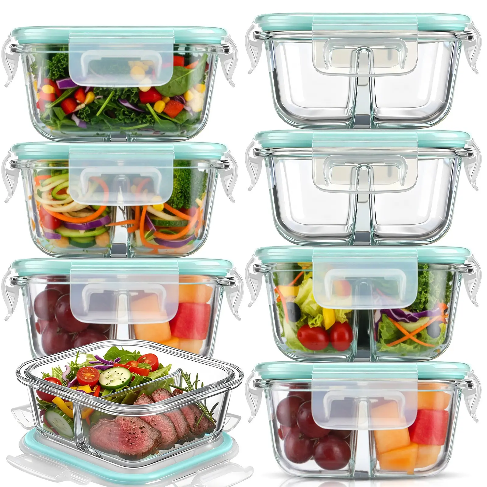 8 Pack 8oz Bariatric Meal Prep Containers, Glass Bowl Bariatric Portion Control, Snack Food Storage Container with Two 4oz Compartments and with Lid, Dishwasher & Microwave Safe(Blue)