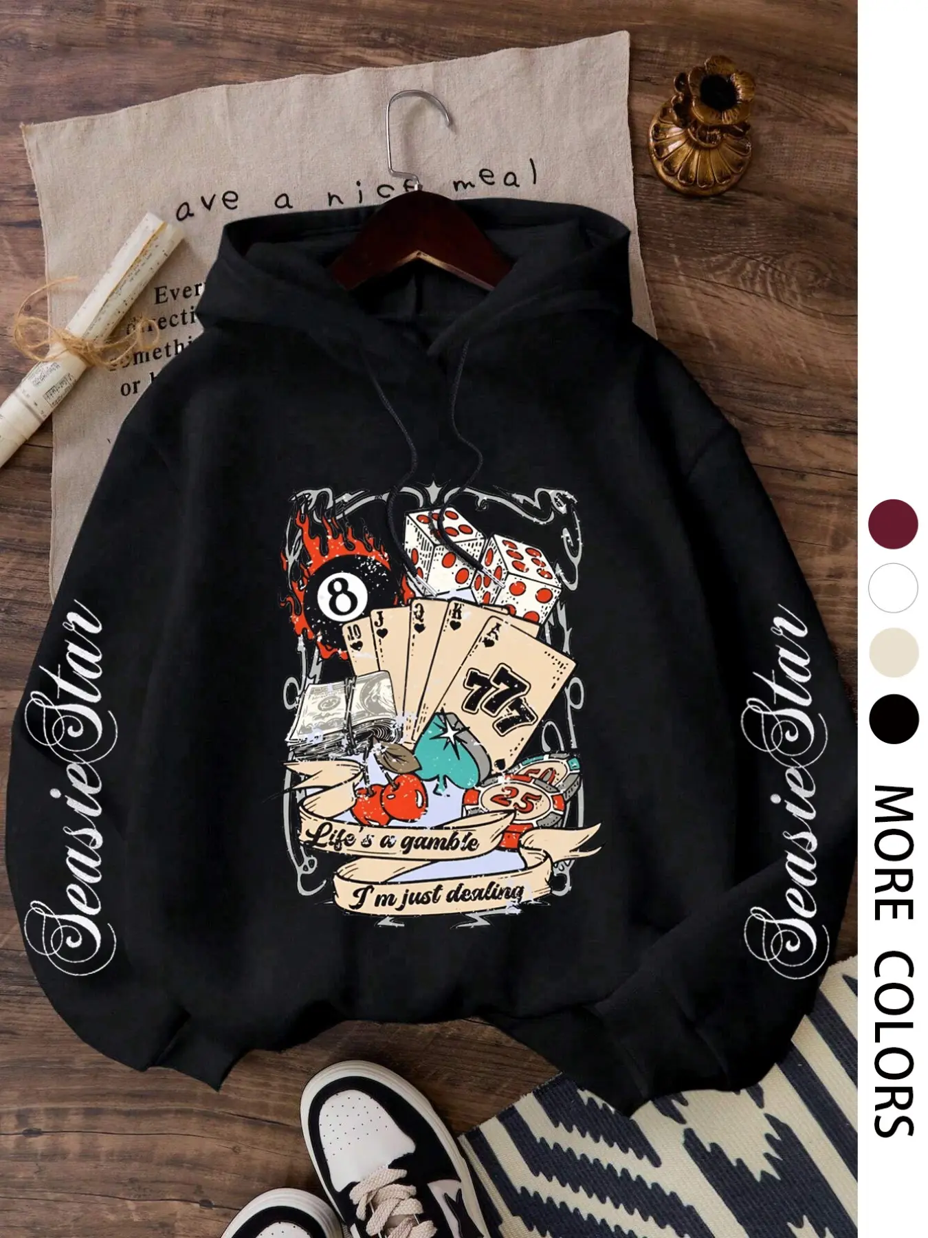 Poker & Dice Pattern Hoodie with Letter Print Sleeves, Comfortable Casual Style, Easy to Pair with Any, Must-Have Closet Addition