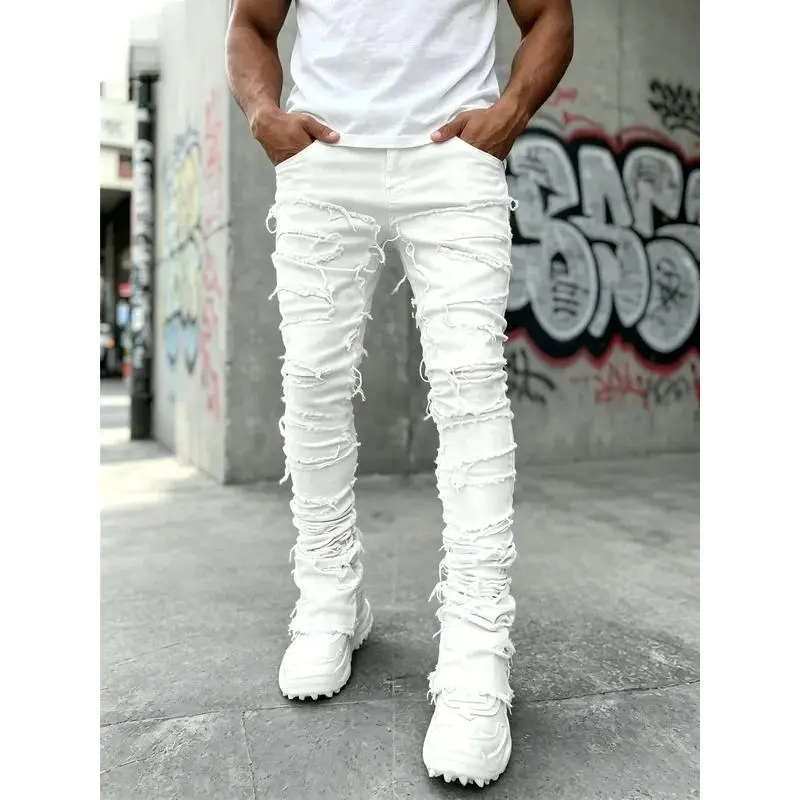 2026 Men's White Denim Pants, Stacked Ripped Slim Flared Jeans with Layered Frayed Details