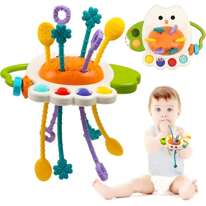 Baby Pull String Sensory Toy, Silicone Teething Rattle Toy, Activity Learning Toy for Infants, Fine Motor Skills Development Toy for Babies 6-12 Months