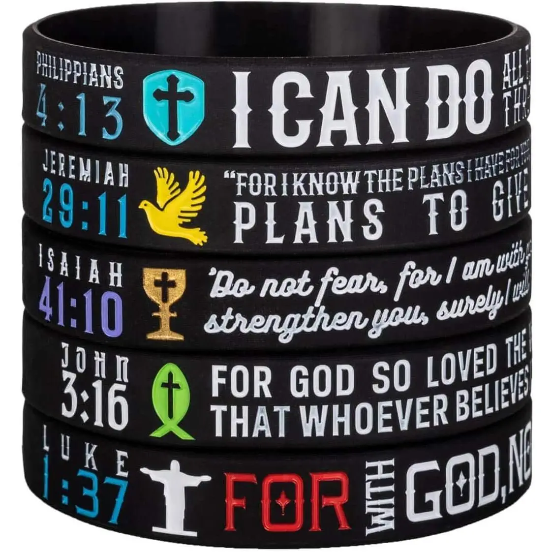 5-Pack Power of Faith Inspirational   Bracelets - Philippians 4:13, Jeremiah 29:11, Isaiah 41:10, John 3:16, Luke 1:37 - Religious Wristbands Gifts for Party Favors