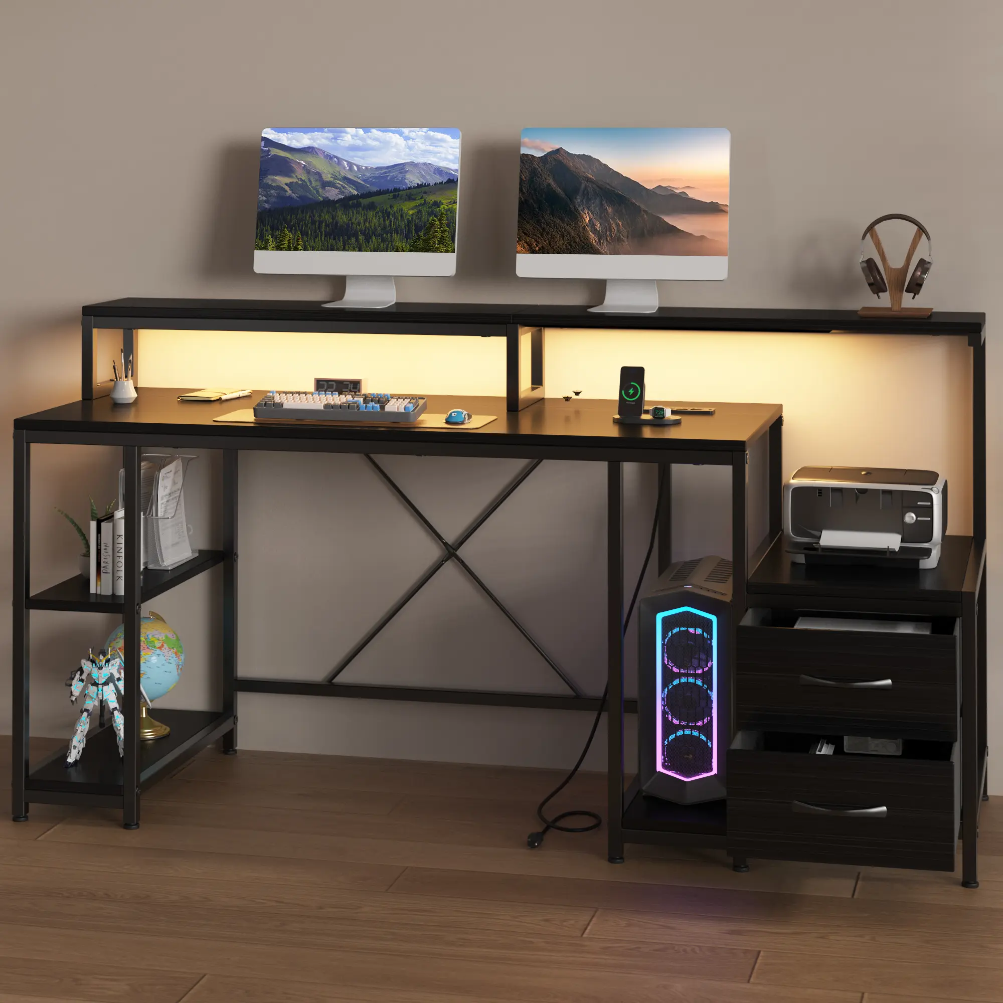 63 Inch Home Office Computer Desk with RGB LED Lights, Built-In Power Outlets & USB Ports - Dual Monitor Stand, File Drawer, Printer Shelf & Storage Shelves - Rustic Brown/Grey