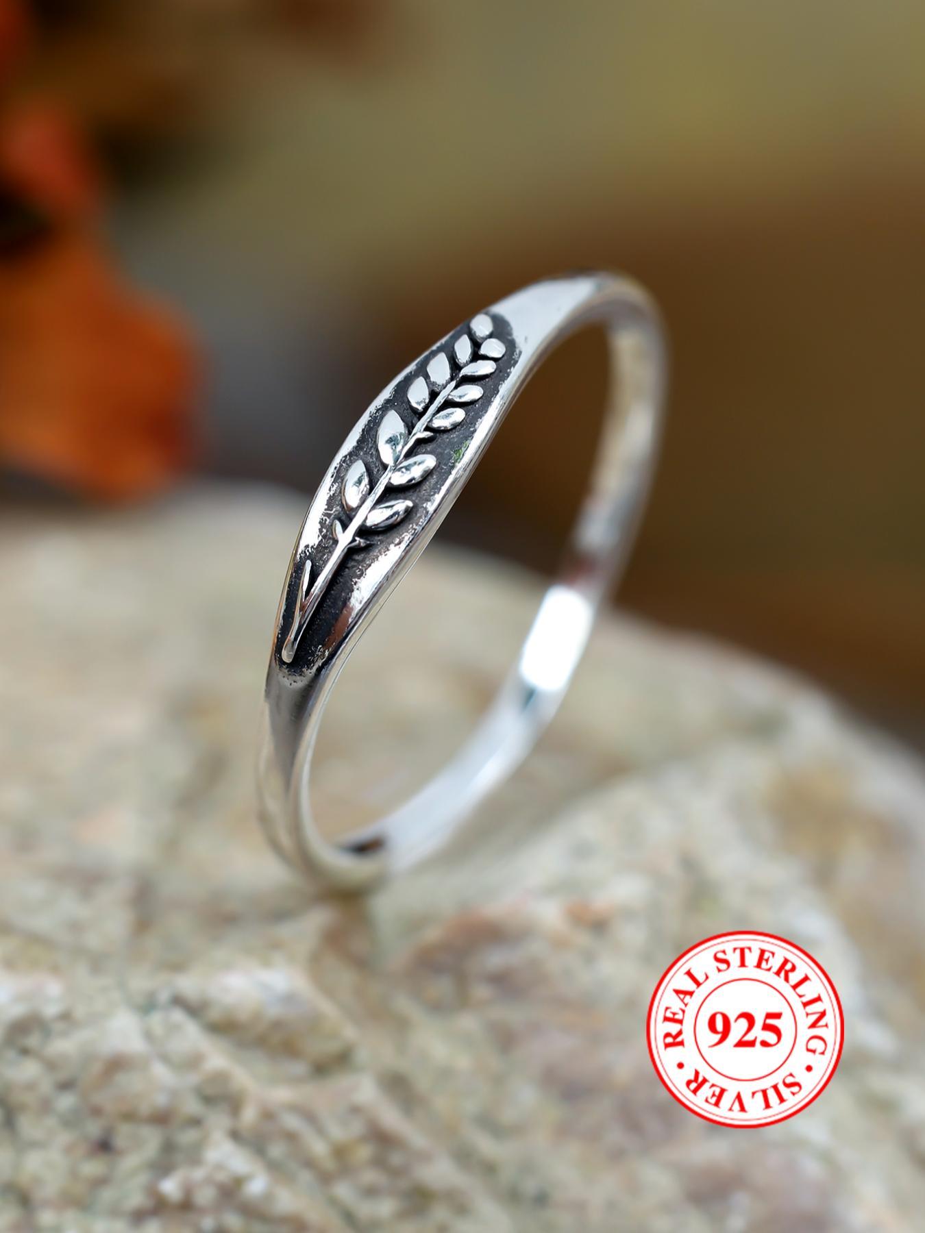 925 Sterling Silver Vintage Leaf Embossed Design Ring, Fashion Accessories for Women & Men, Trendy All-match & Exquisite Jewelry for Birthday Gift