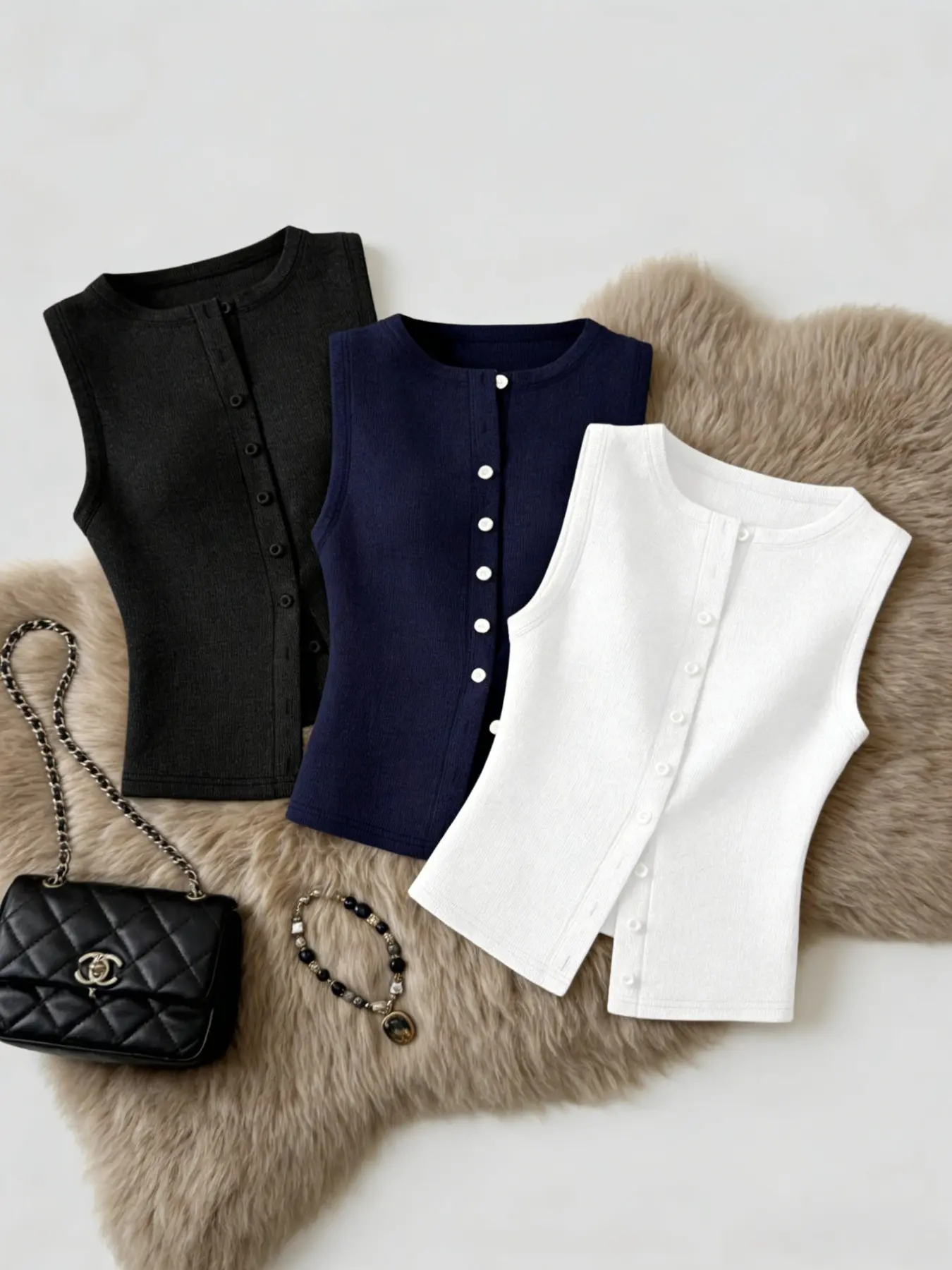 New Round Neck Sleeveless Knit Vest for Women, Single Button Slim Fit Slimming Versatile Basic Inner Top, Three-Piece Set