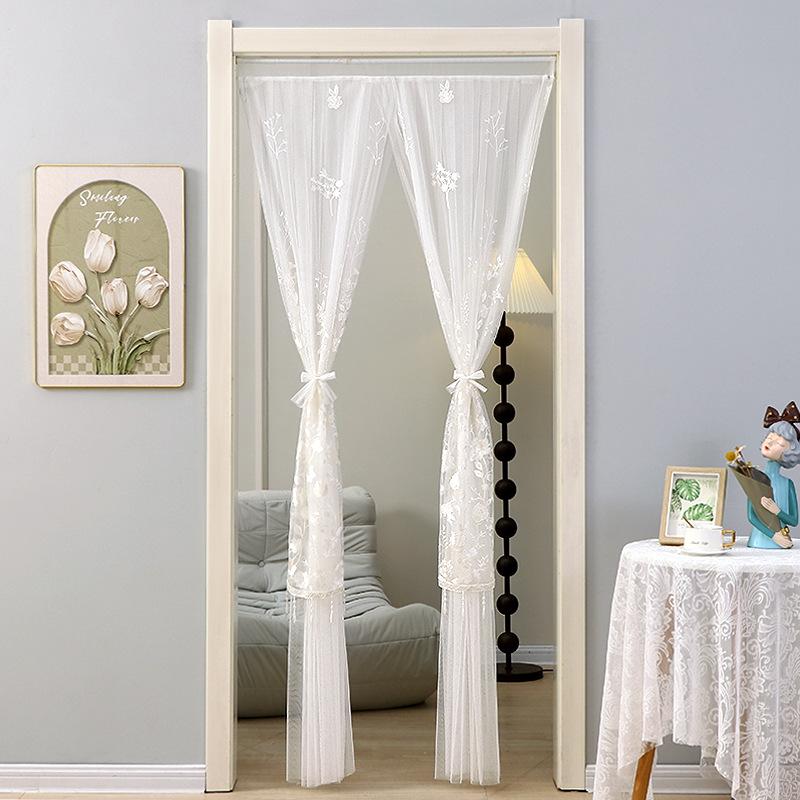 No Drill Sheer Door Curtain, Beaded Embroidery Privacy Curtain, Mosquito Net for Bedroom, Long Partition Curtain for Home Decor