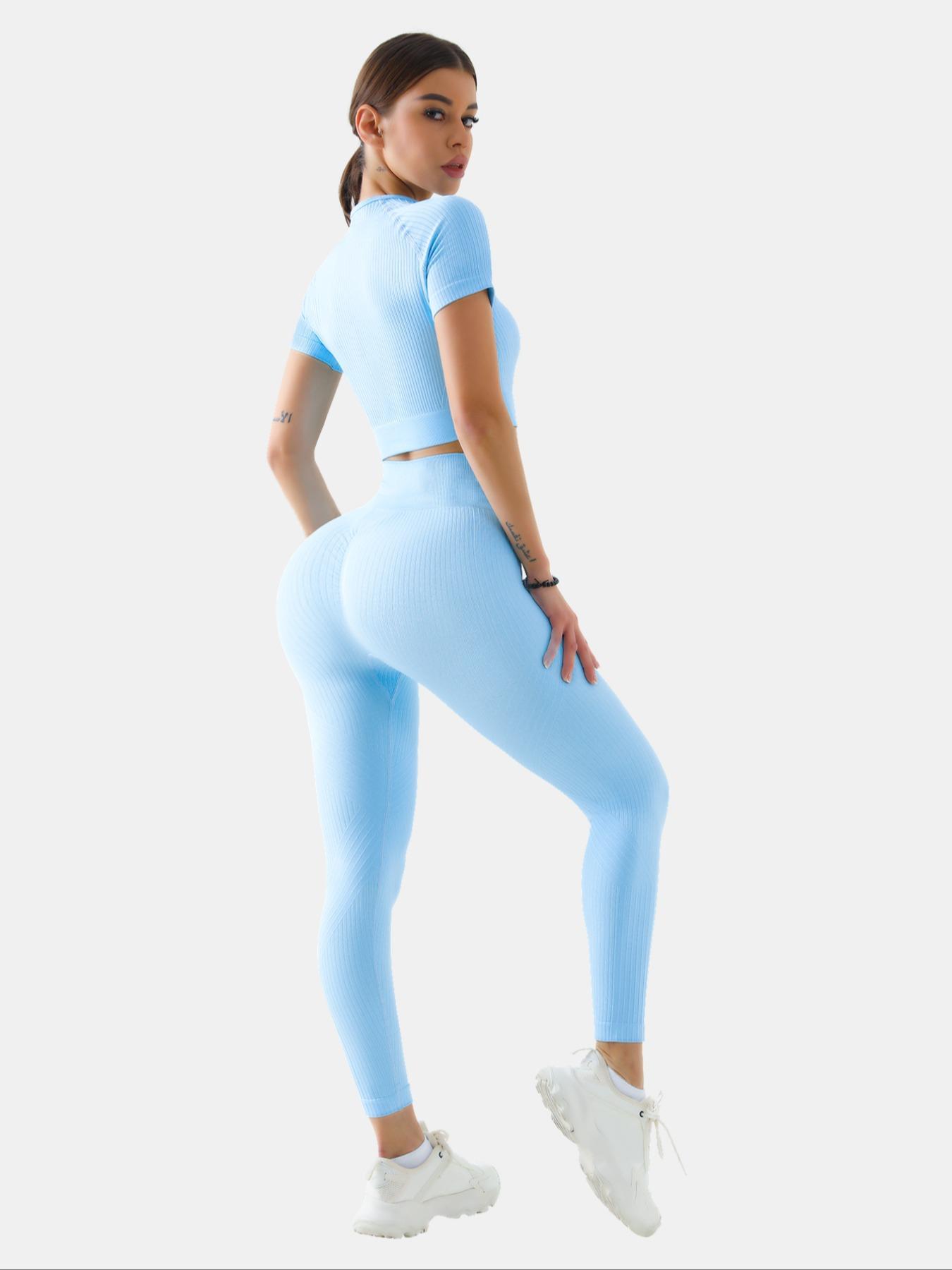 Women's Solid Tracksuit Set, Stretchable Activewear, Sport Raglan Sleeve Crop Top & High Waist Leggings, Summer Clothes Women, Women Tracksuits for Summer