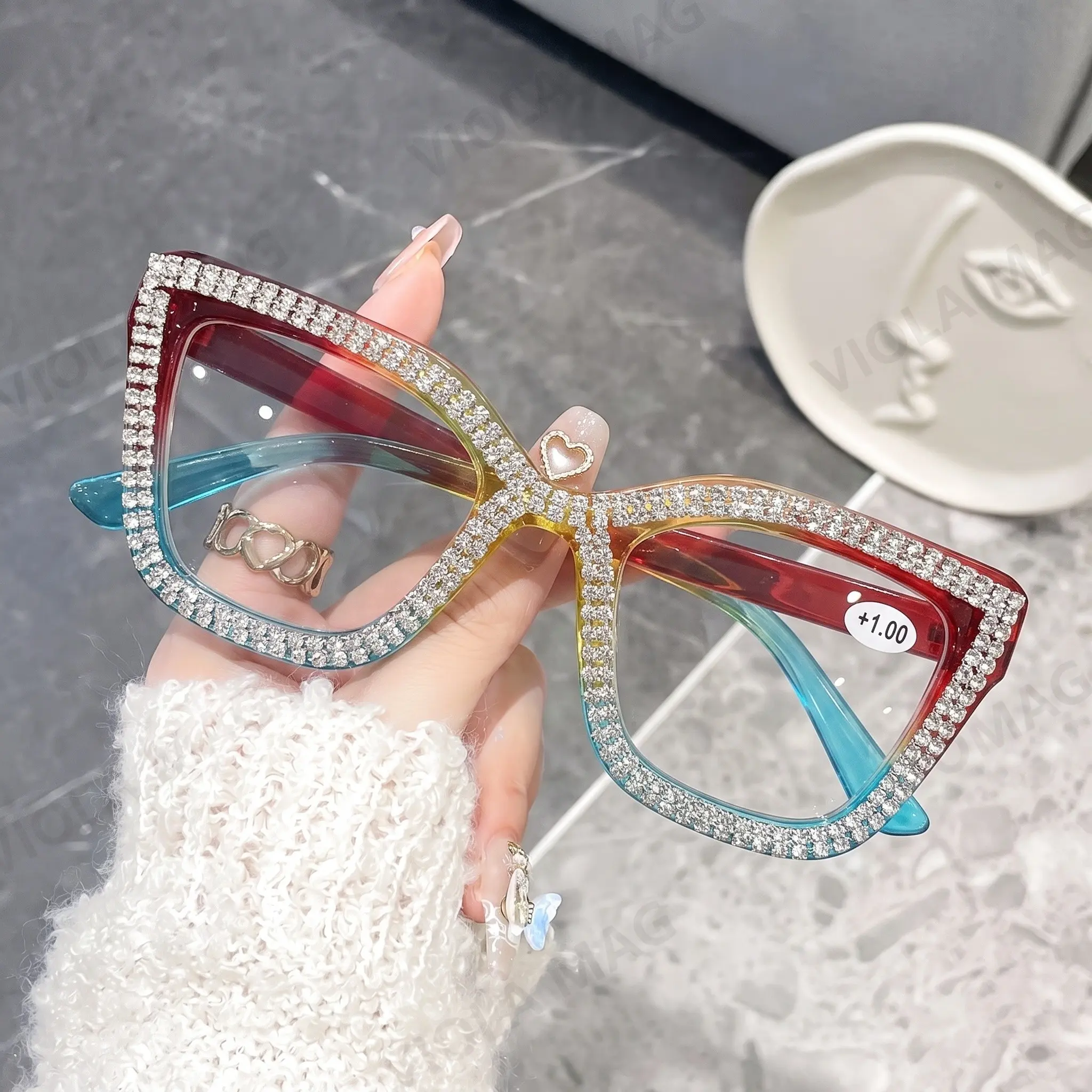 GIGULA Shiny Rhinestone Square Cat Eye Reading Eyeglasses for Women, Fashion Luxurious Diamond Decorated Transparent Lens, Multiple Prescriptions Available