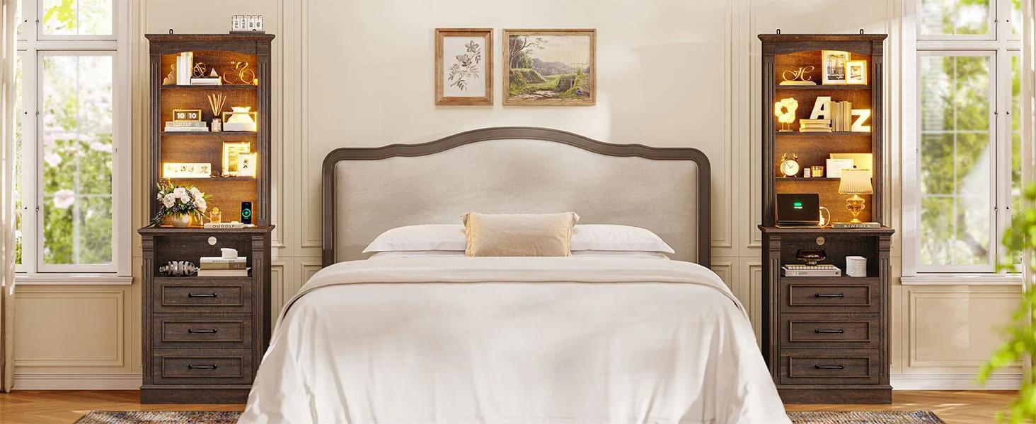 61 Inches Tall Nightstand with Charging Station and LED Light Walnut