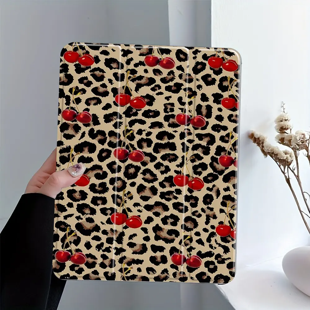 Y2K Leopard Cherry Print Trifold Stand Tablet Case,Auto Sleep/Wake Mode, Full Body Shockproof & Scratch-Resistant, Transparent Acrylic Back With Pencil Holder,Fit 7.9/8.3/10.2/10.5/10.9/11/12.9/13 Inch,Idea Gift for Back School,Friends