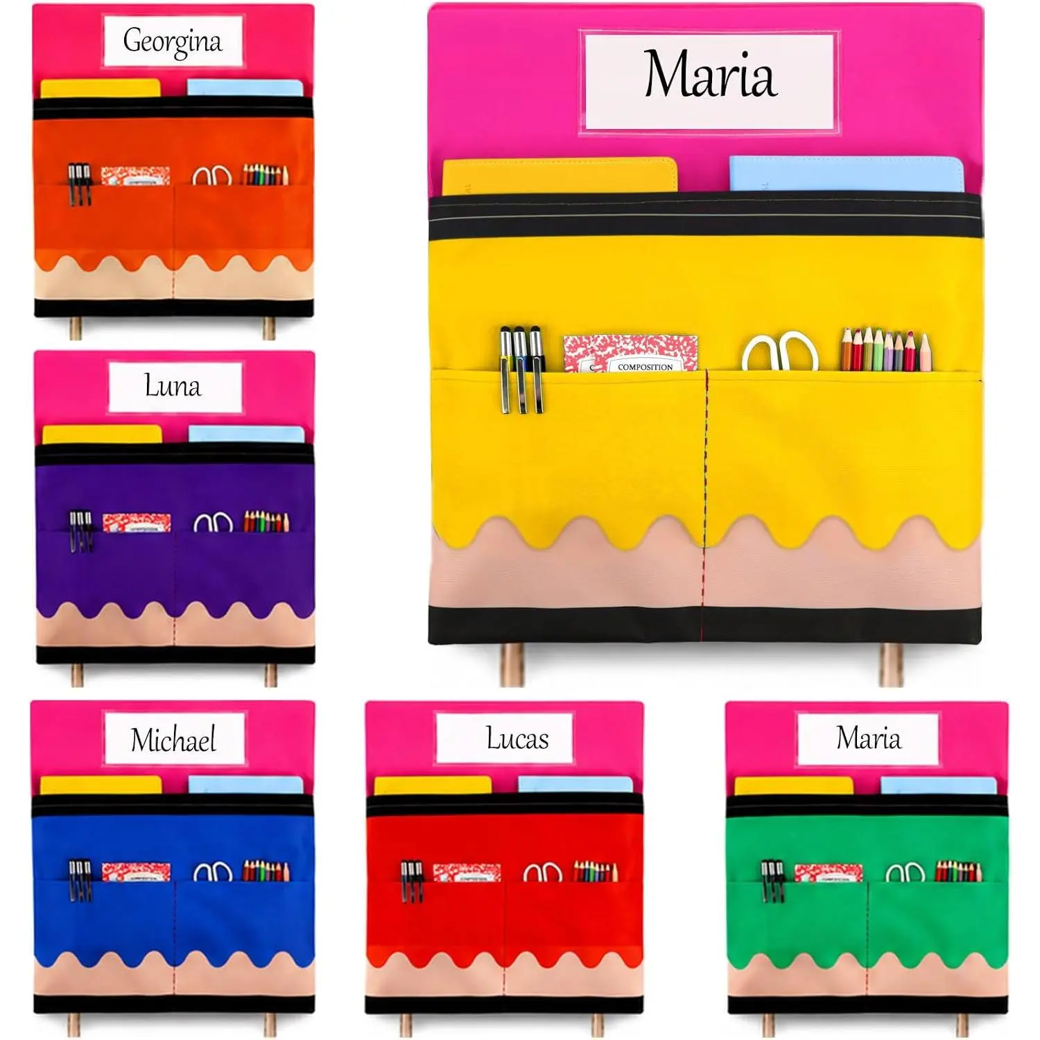 6Pack Colorful Pencil Chair Pockets for Classroom 17x19 Inch Organizer with Name Slot & Tags Chairback 3 Pockets Chair Storage Bag for Student Teacher Office K-2 Seat Supplies