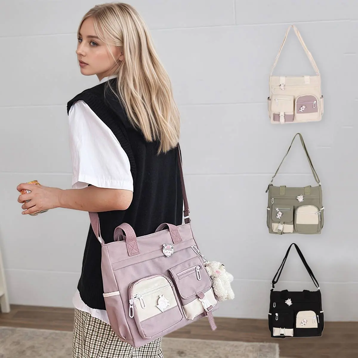 Women's Spacious Multi-Pockets Satchel Contrast Color Crossbody Bag Adjustable Strap Shoulder Bag for Travel